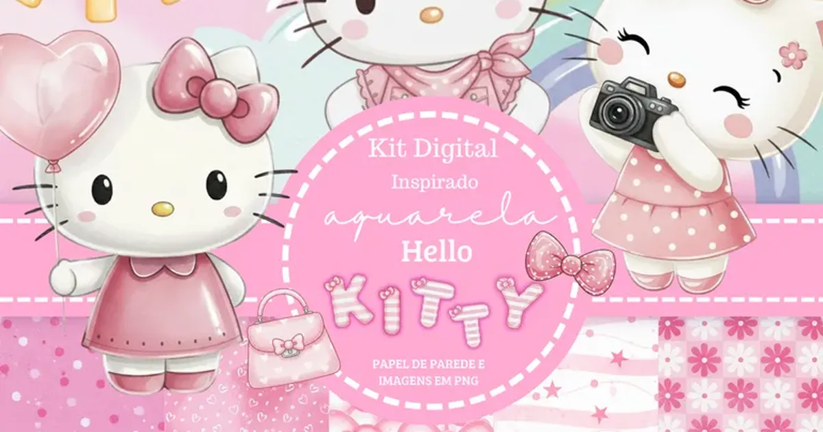 Kit Digital Aquarela Inspirado Hello Kitty Rosa