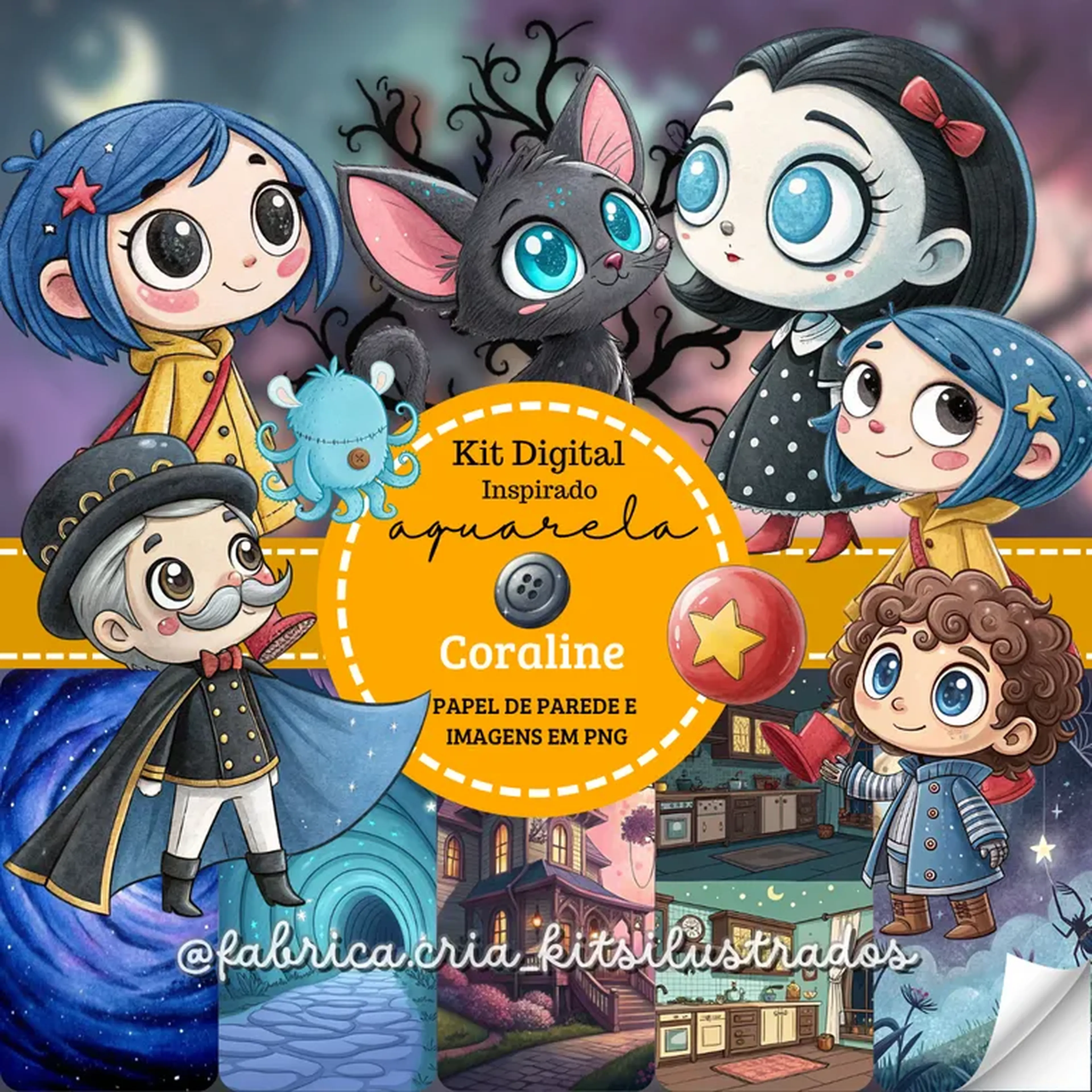 Kit Digital Aquarela Inspirado Coraline imagem