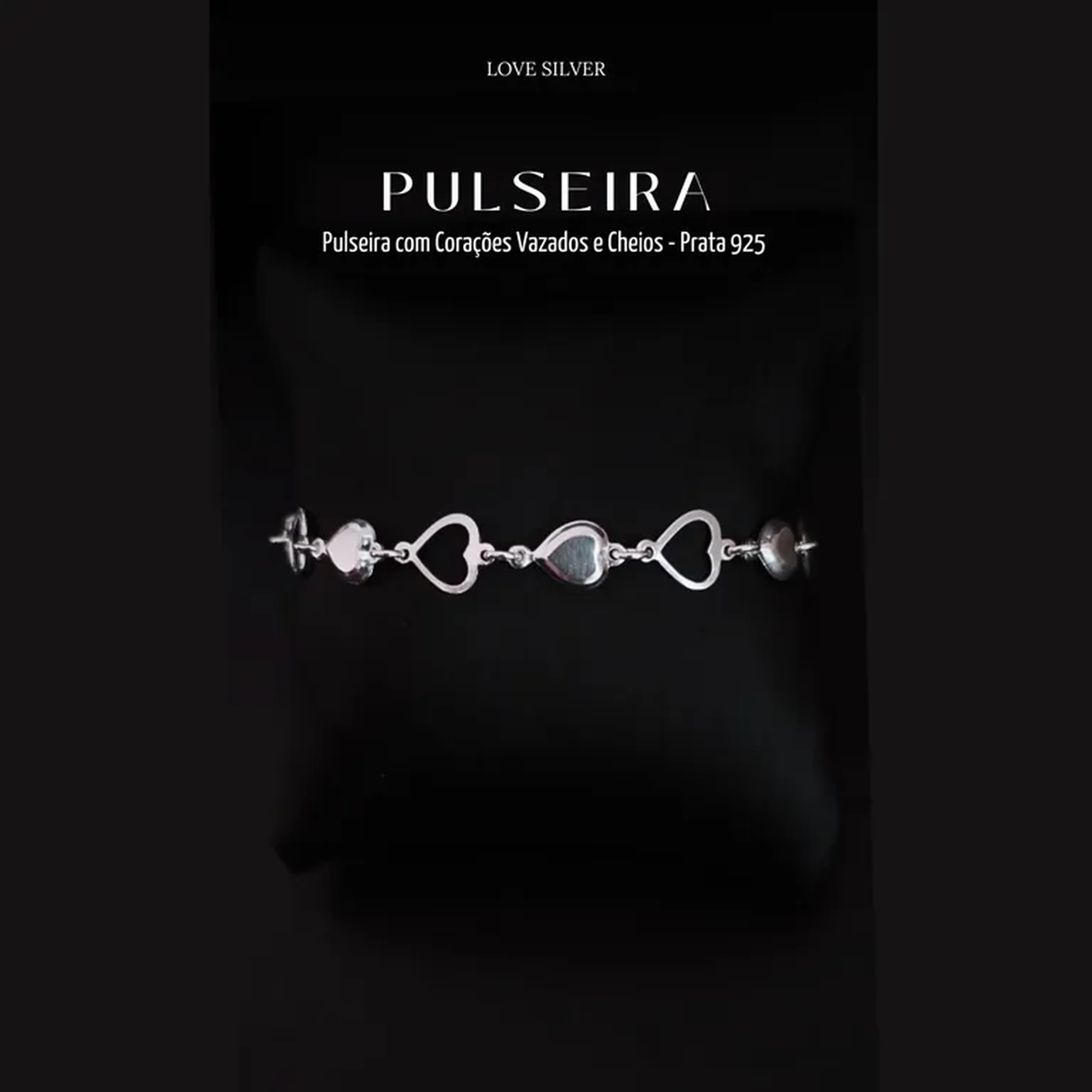Pulseira com Corações Vazados e Cheios - Prata 925 - Love Silver imagem