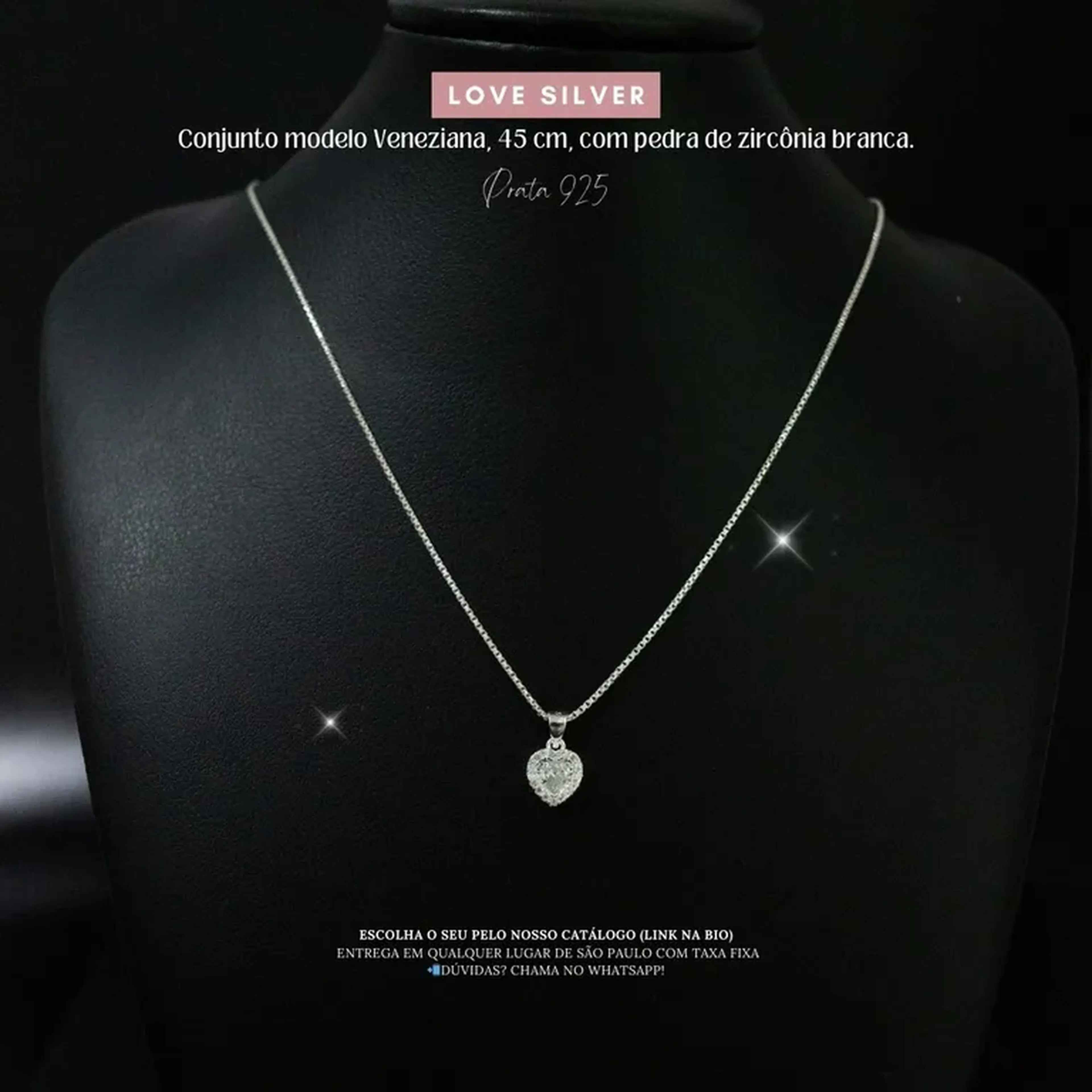 Colar Veneziana com Coração de Zircônia Branca – Prata 925 imagem