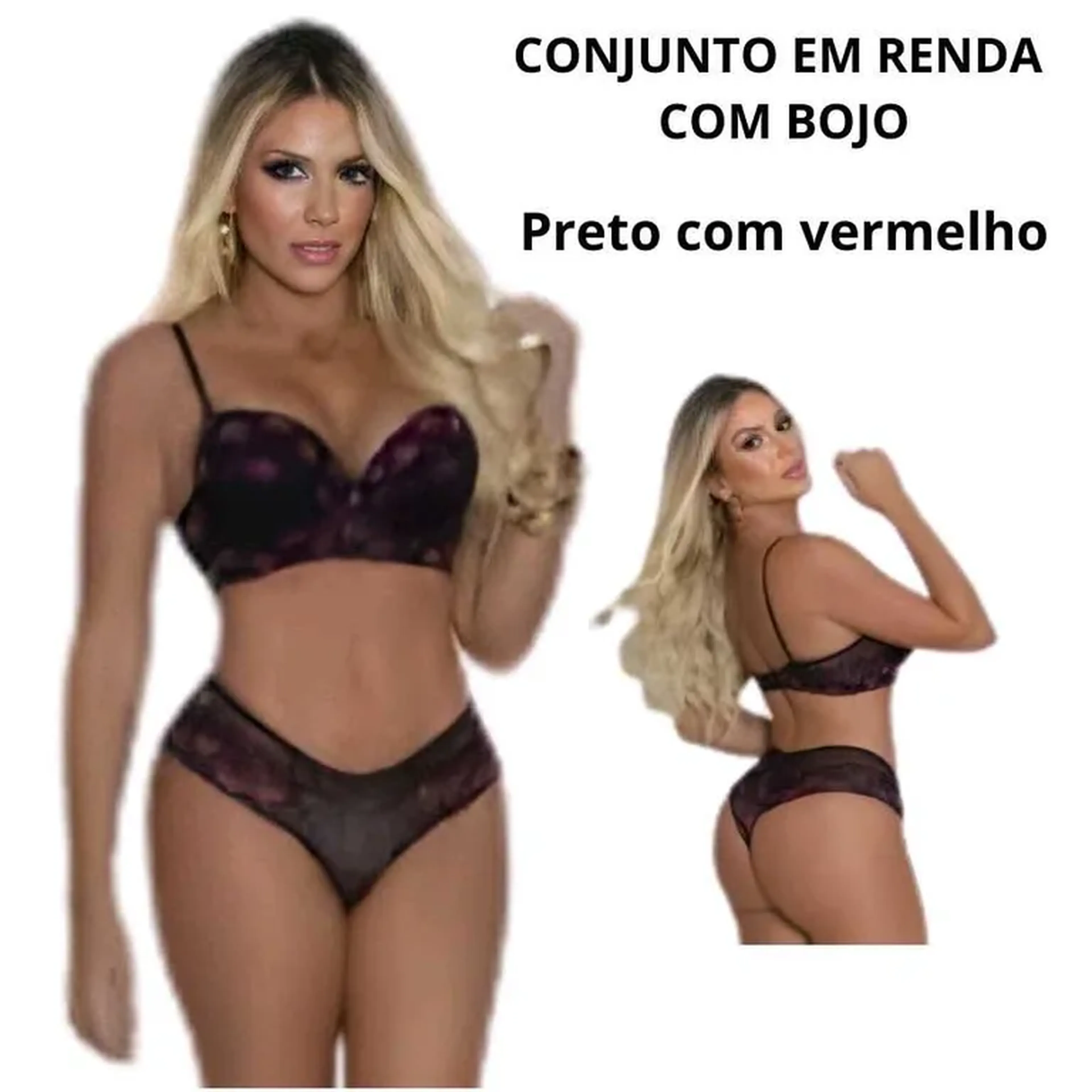 Conjunto em renda com bojo - Preto com Vermelho imagem