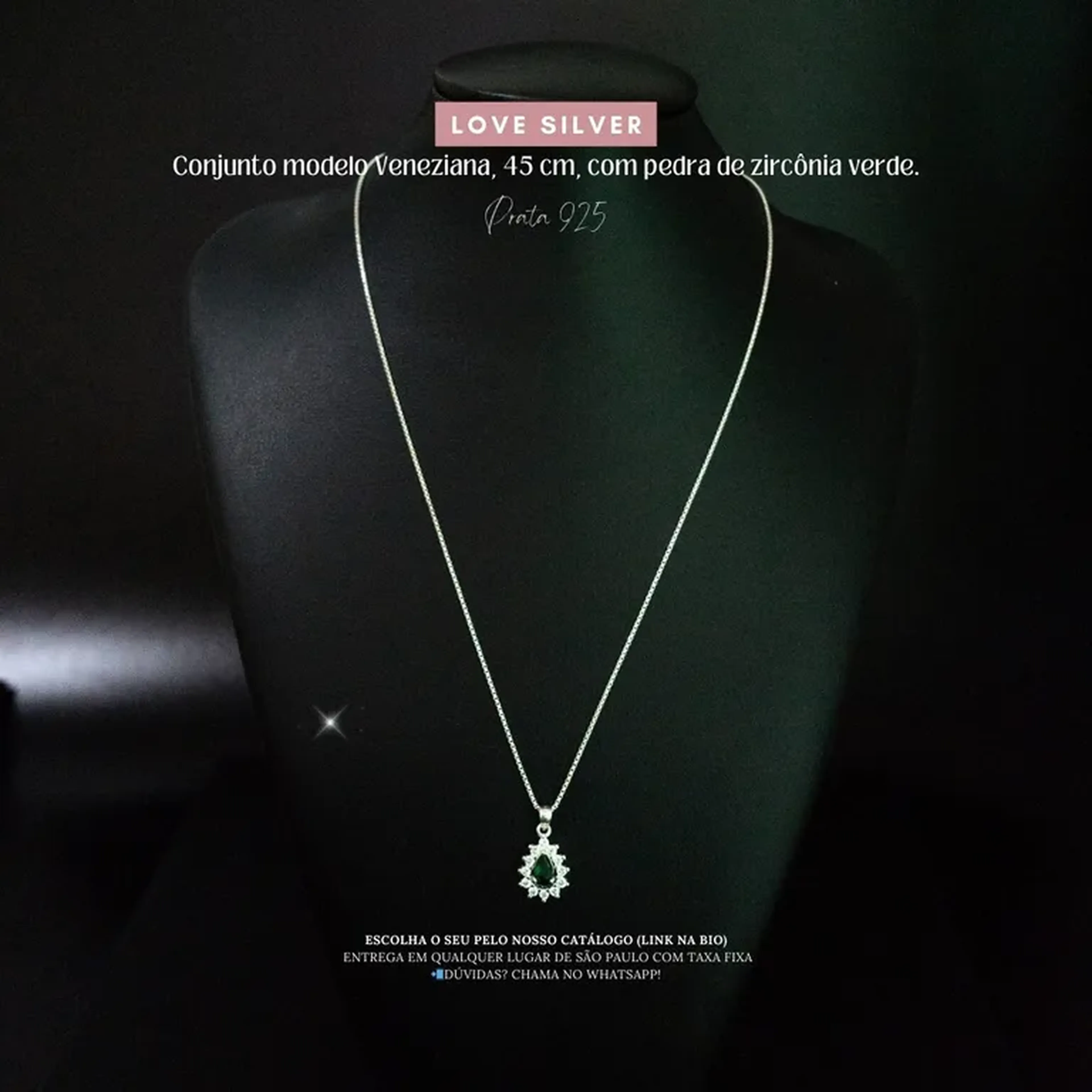 Colar Veneziana 45 cm com Zircônia Verde Oval - Prata 925 imagem