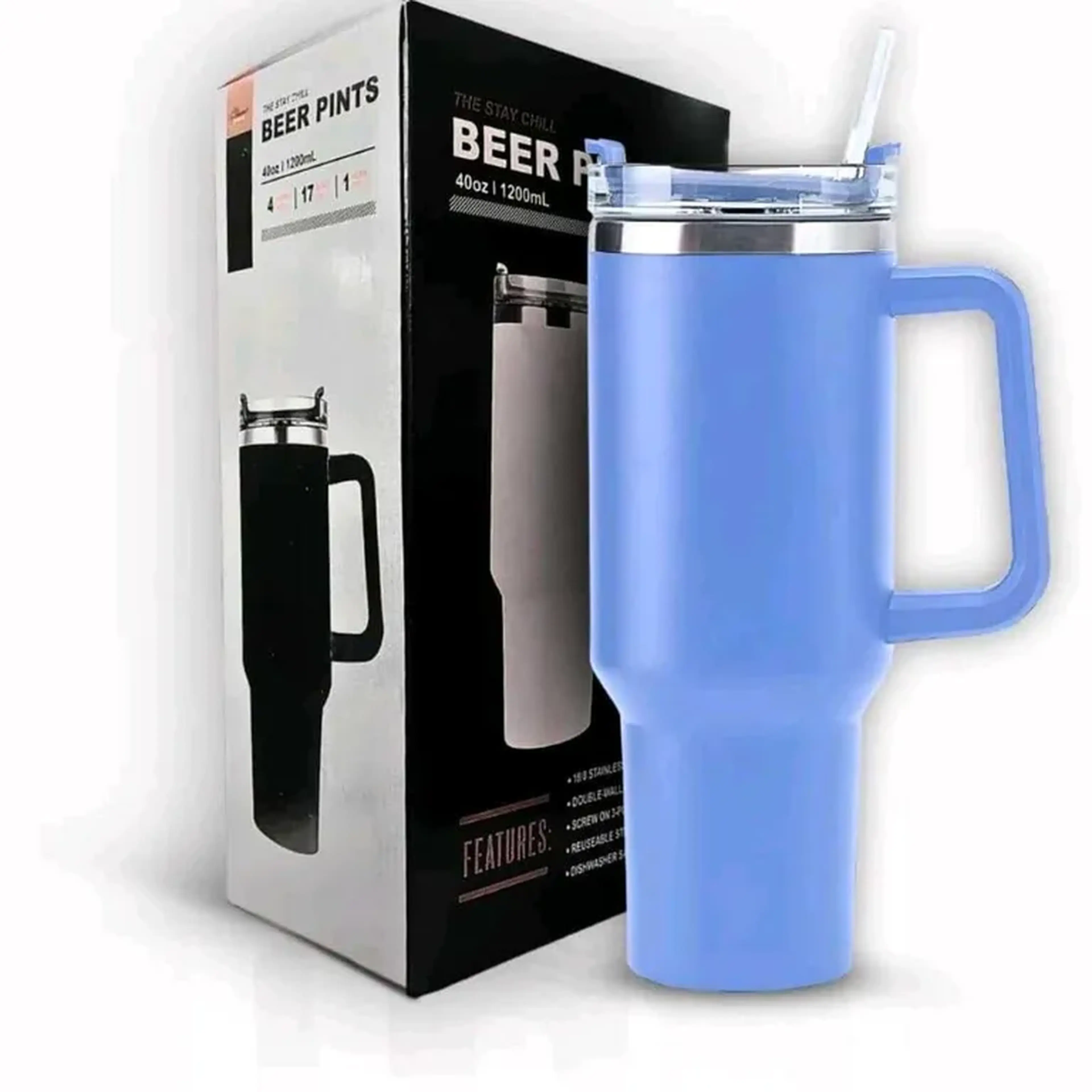 Copo Térmico Grande 1200 Ml Canudo Parede Dupla Inox (Azul claro imagem