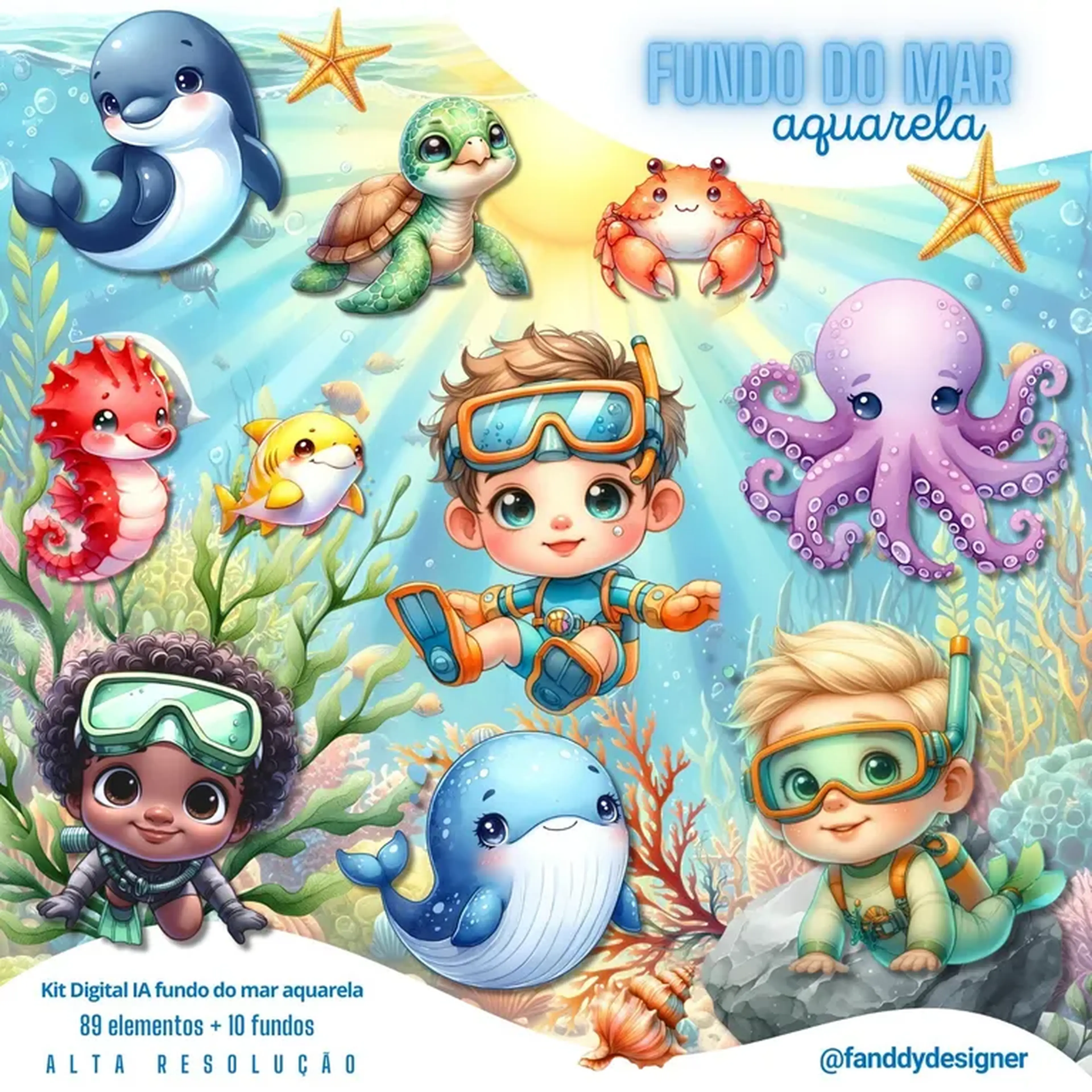 Kit Digital Fundo do Mar Aquarela - meninos imagem