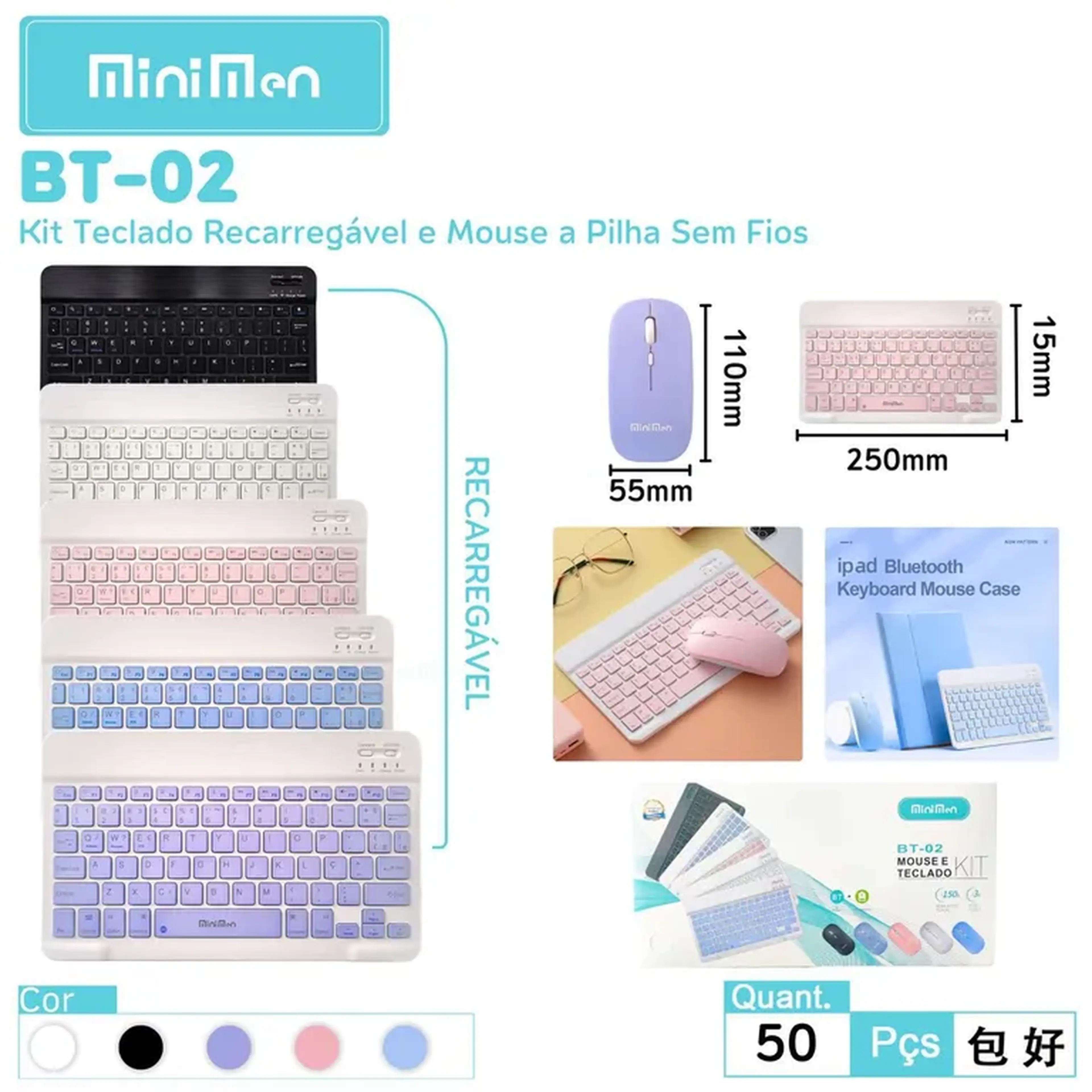 KIT TECLADO + MOUSE BRANCO BLUETOOTH RECARREGÁVEL BRASIL imagem