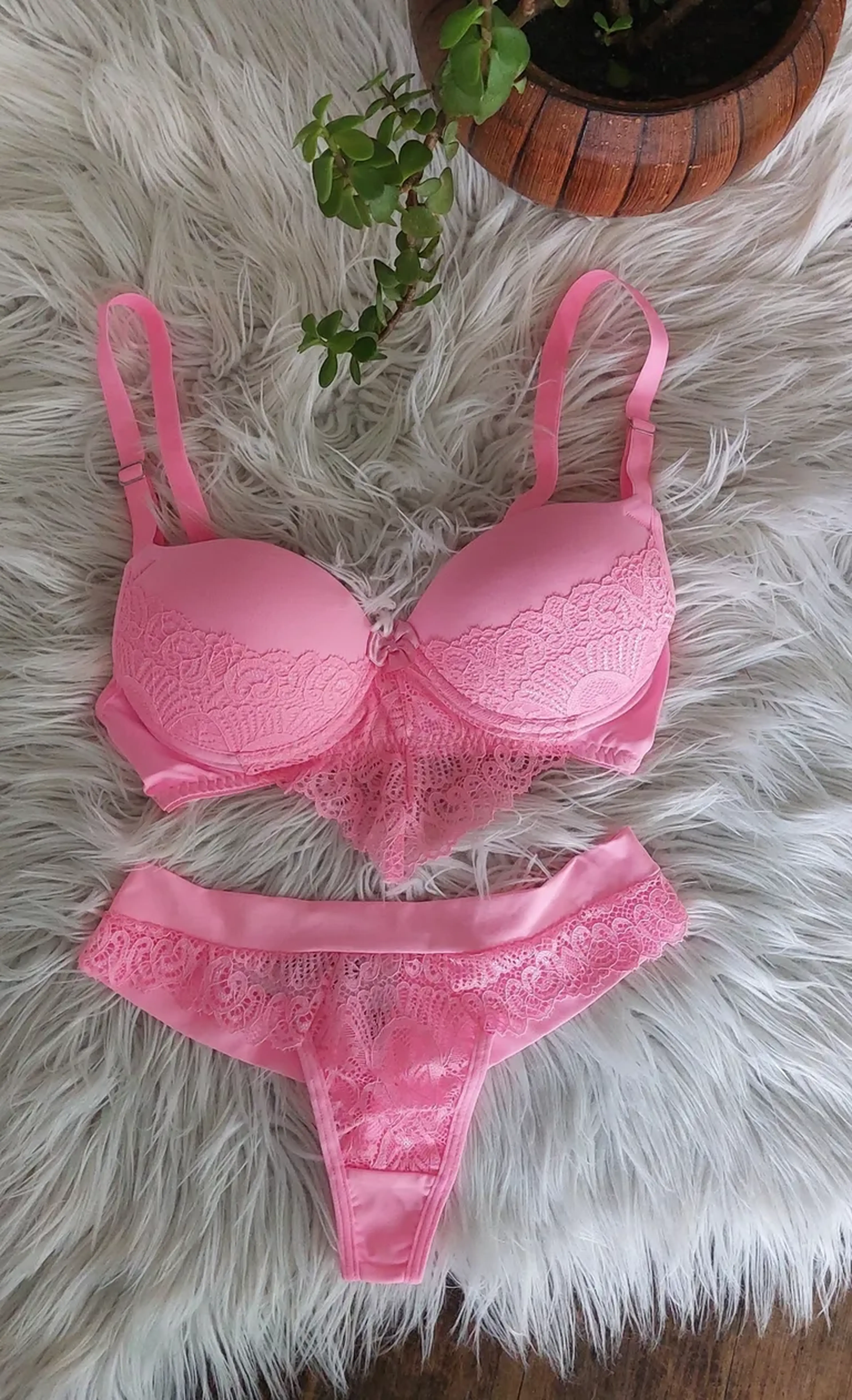 Conjunto lingerie rosa com renda (G) imagem
