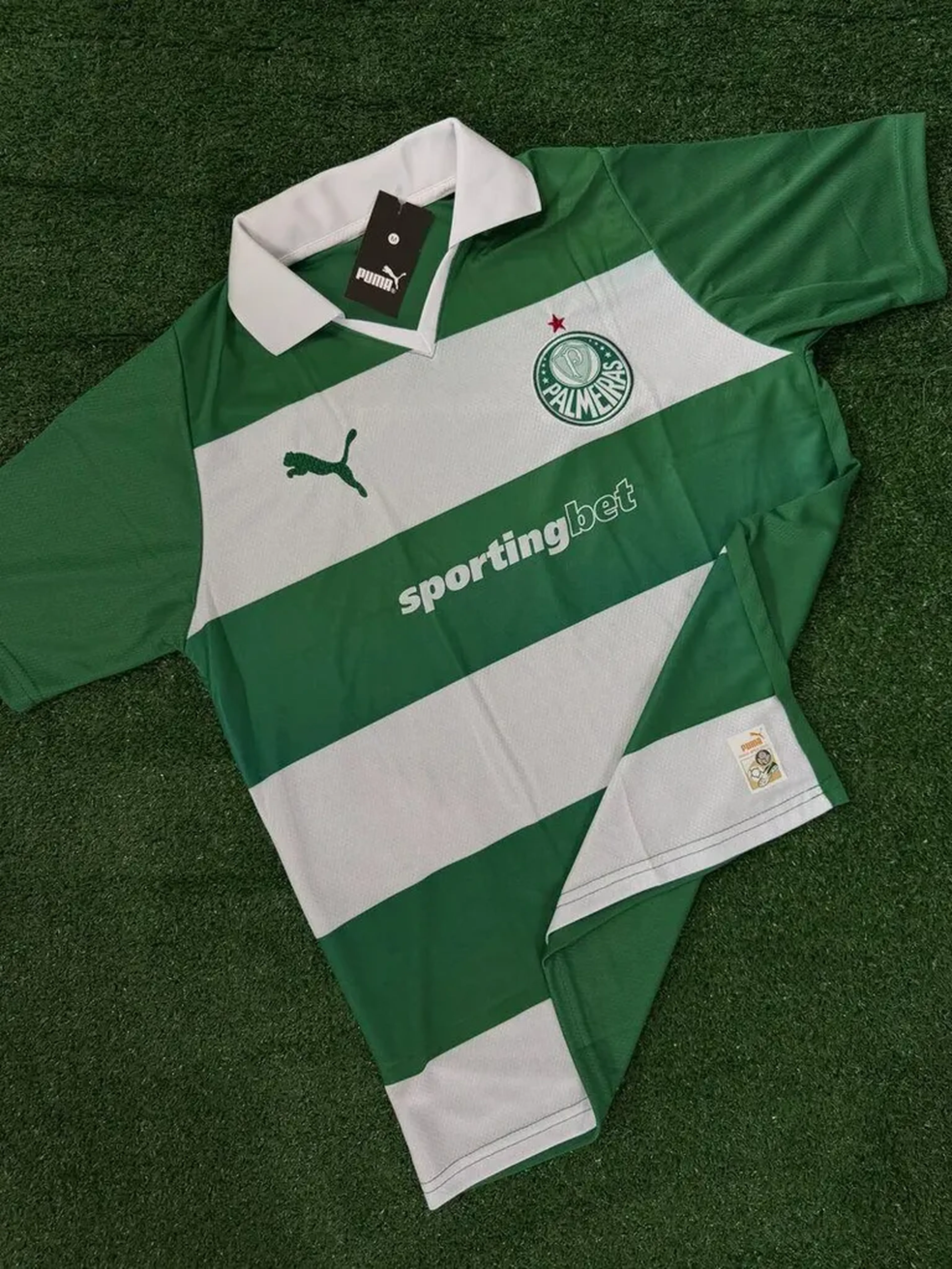 Camisa Palmeiras Listrada Gola Polo – Nacional Premium 🟢⚪ imagem