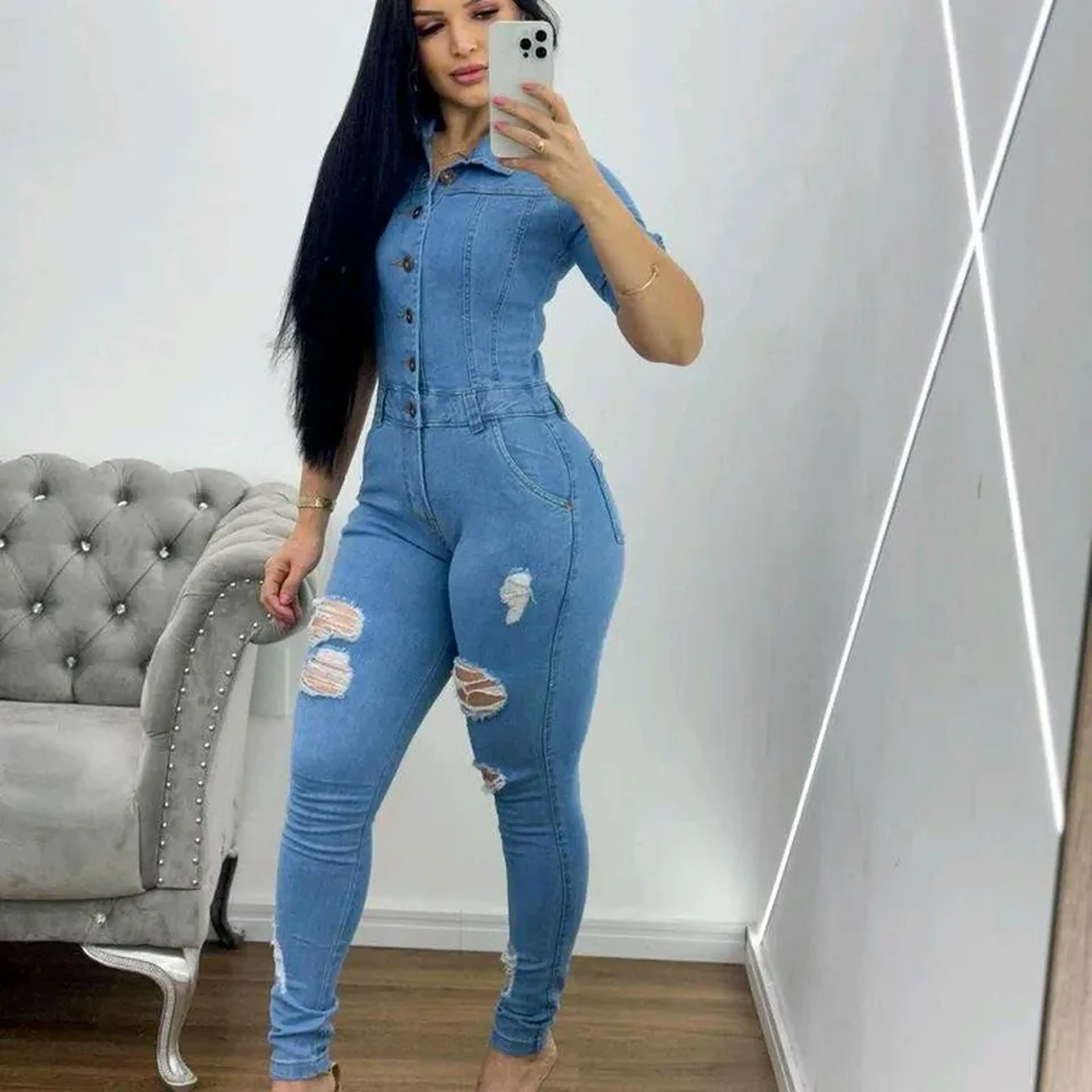 Macacão Jeans longo bella imagem