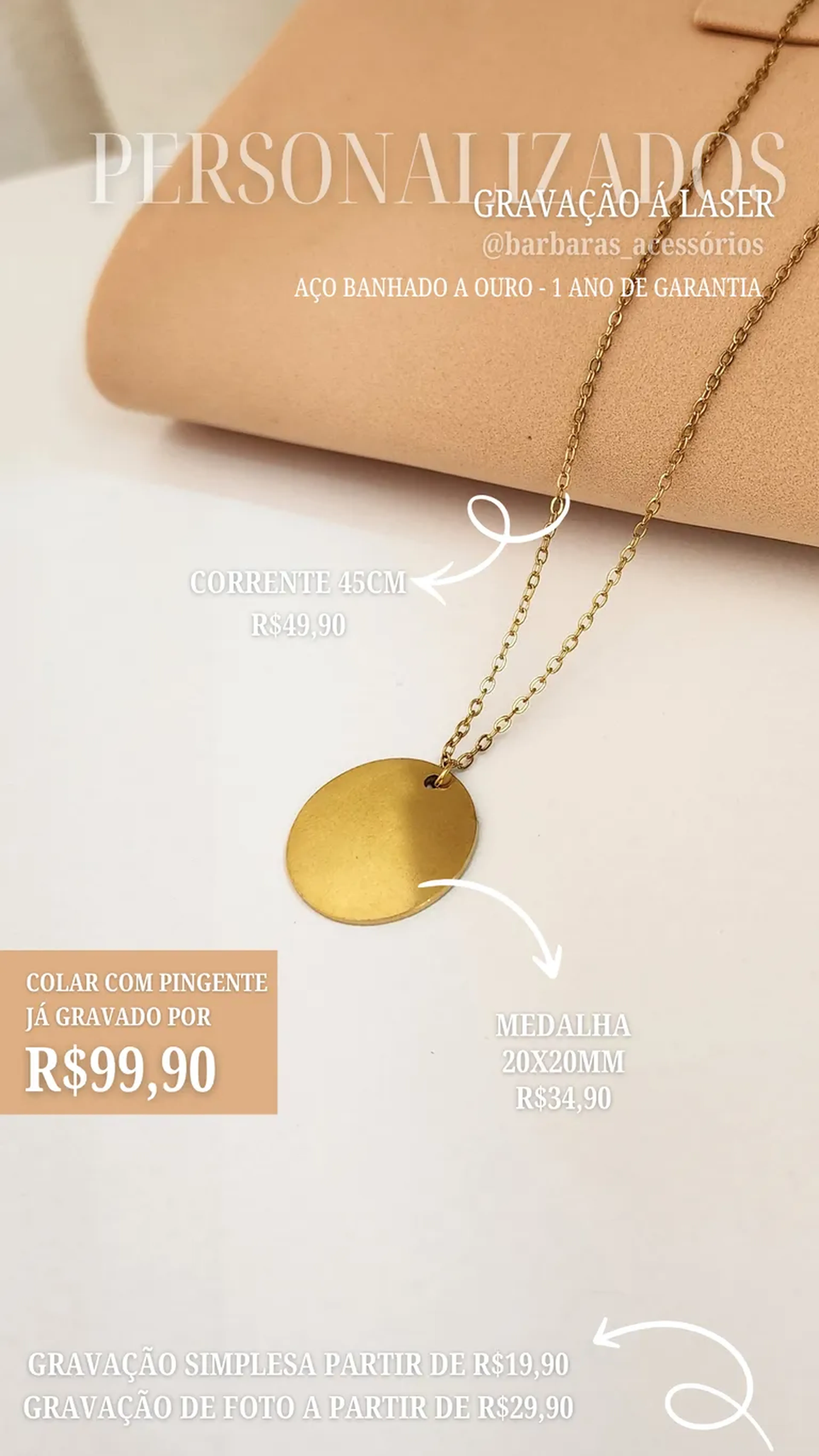 COLAR MEDALHA 20X20MM AÇO BANHADO imagem