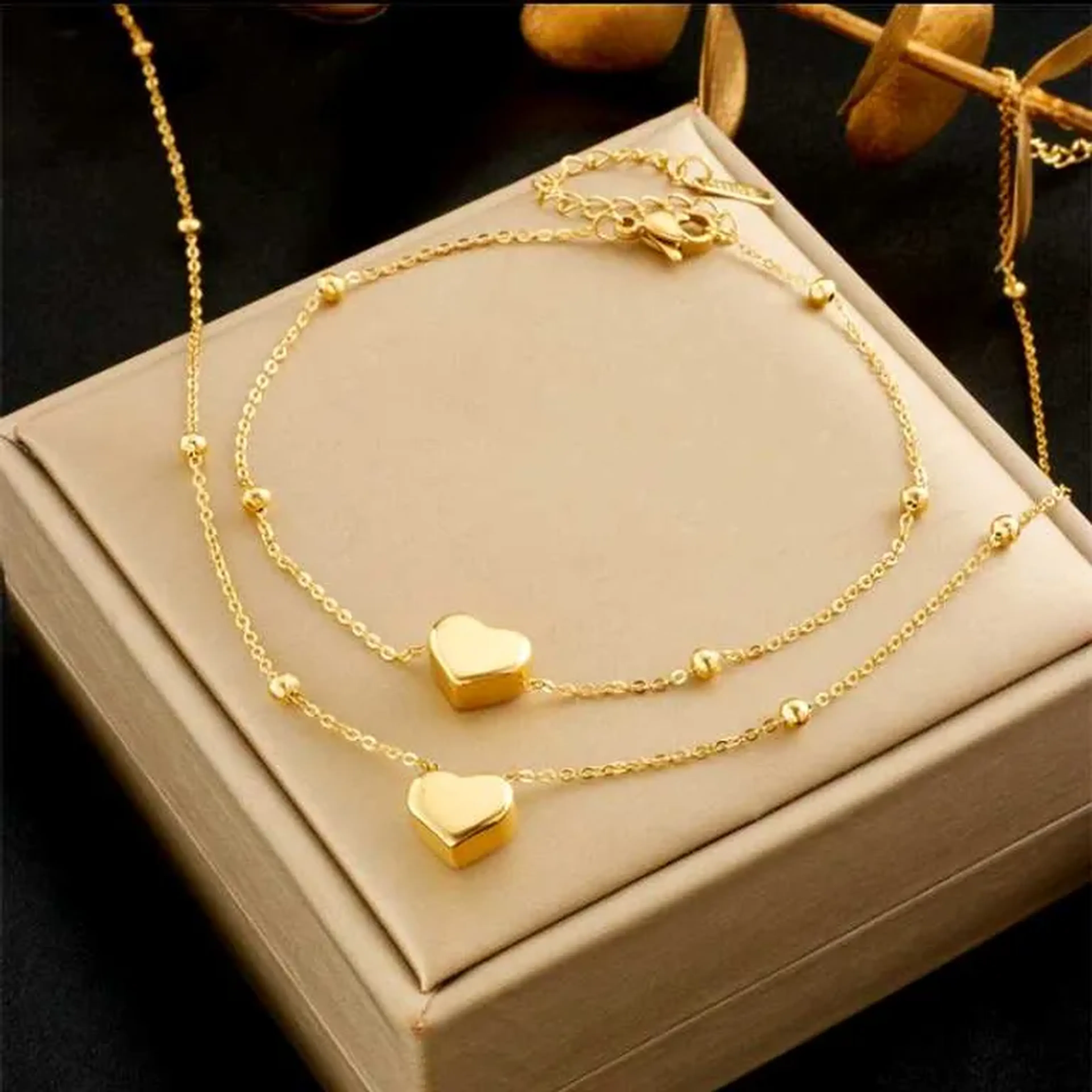 Kit Conjunto Colar e Tornozeleira Coração Ouro 18k Semijoia de L imagem