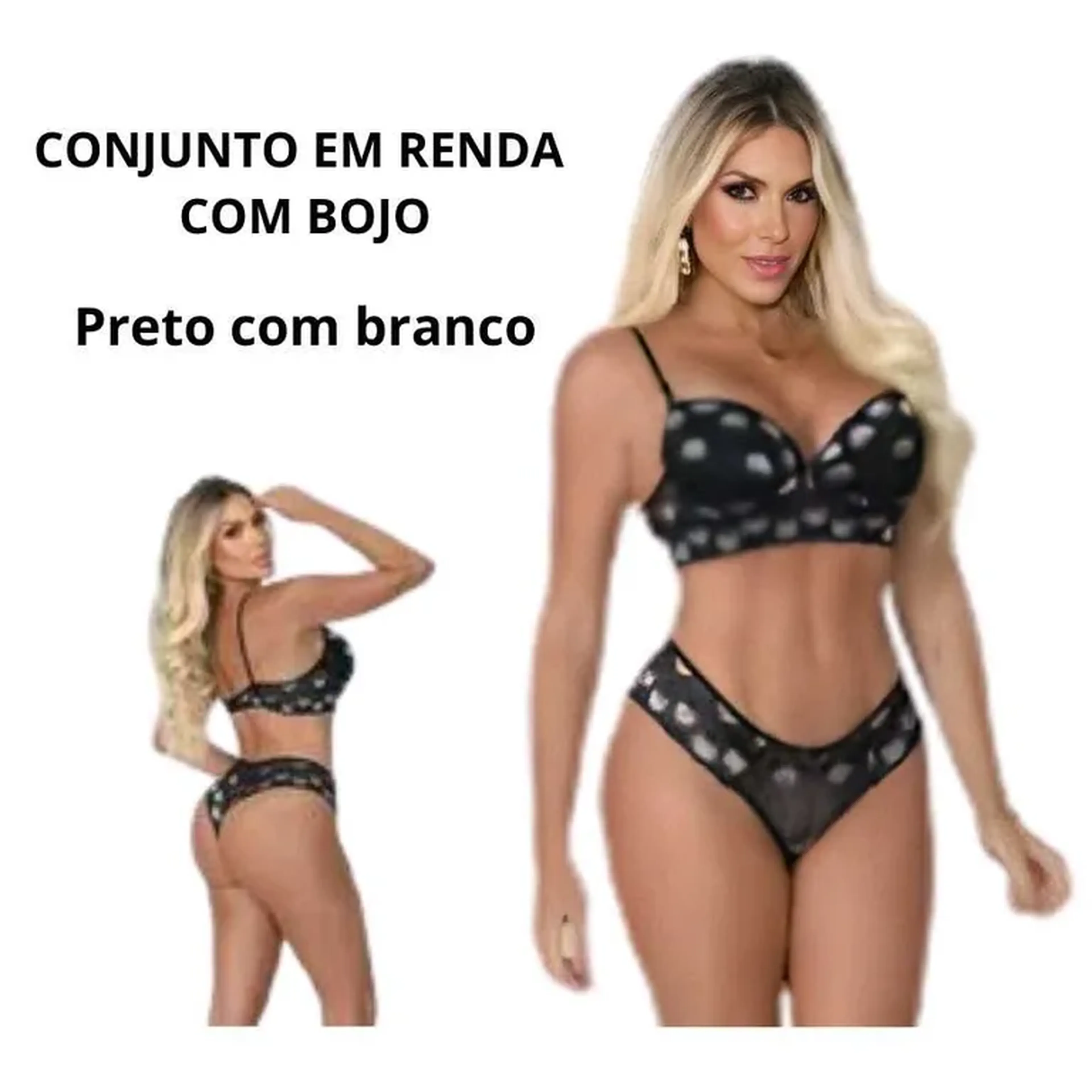 Conjunto em renda com bojo - Preto com Branco imagem