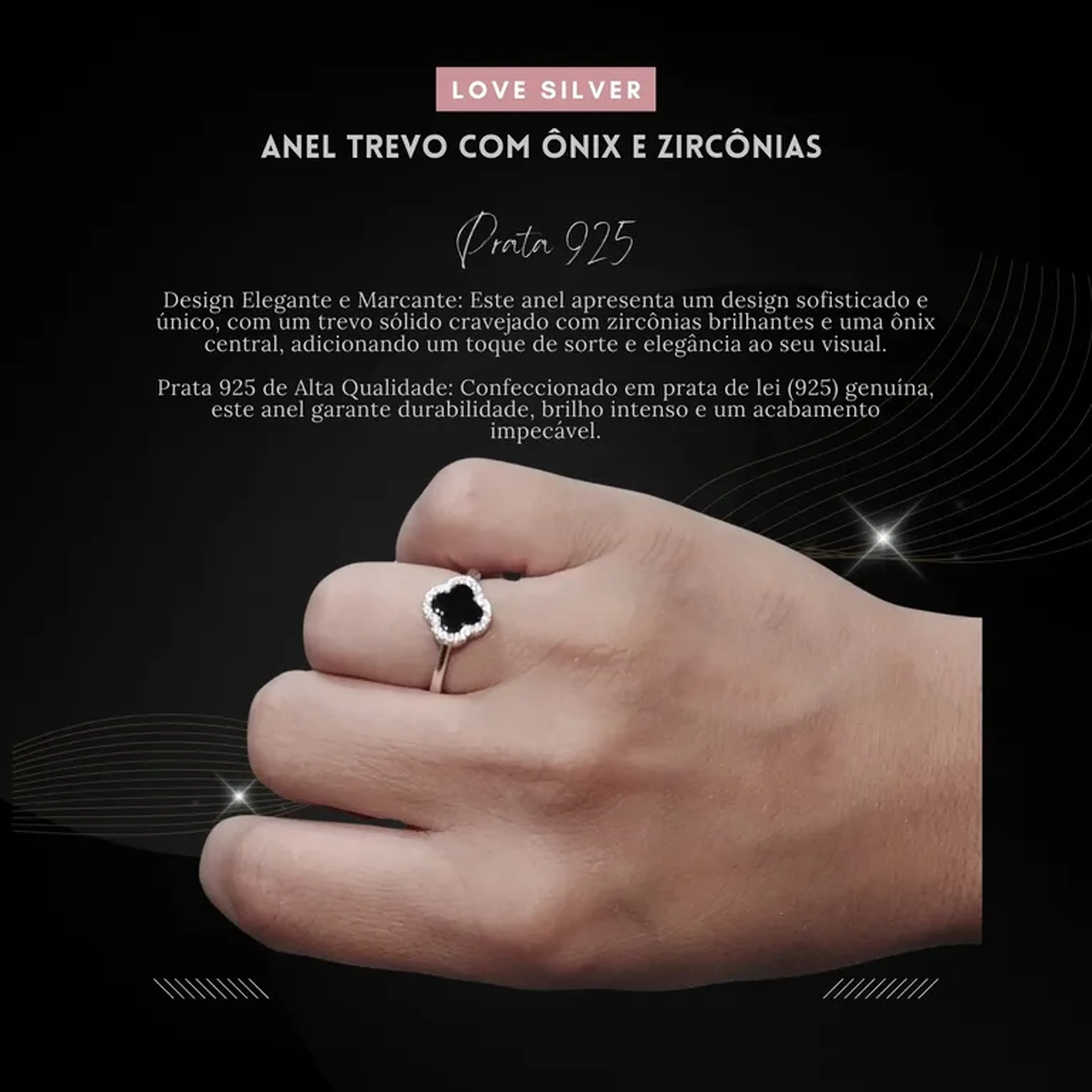 Anel Trevo com Ônix e Zircônias - Prata 925 - Love Silver imagem