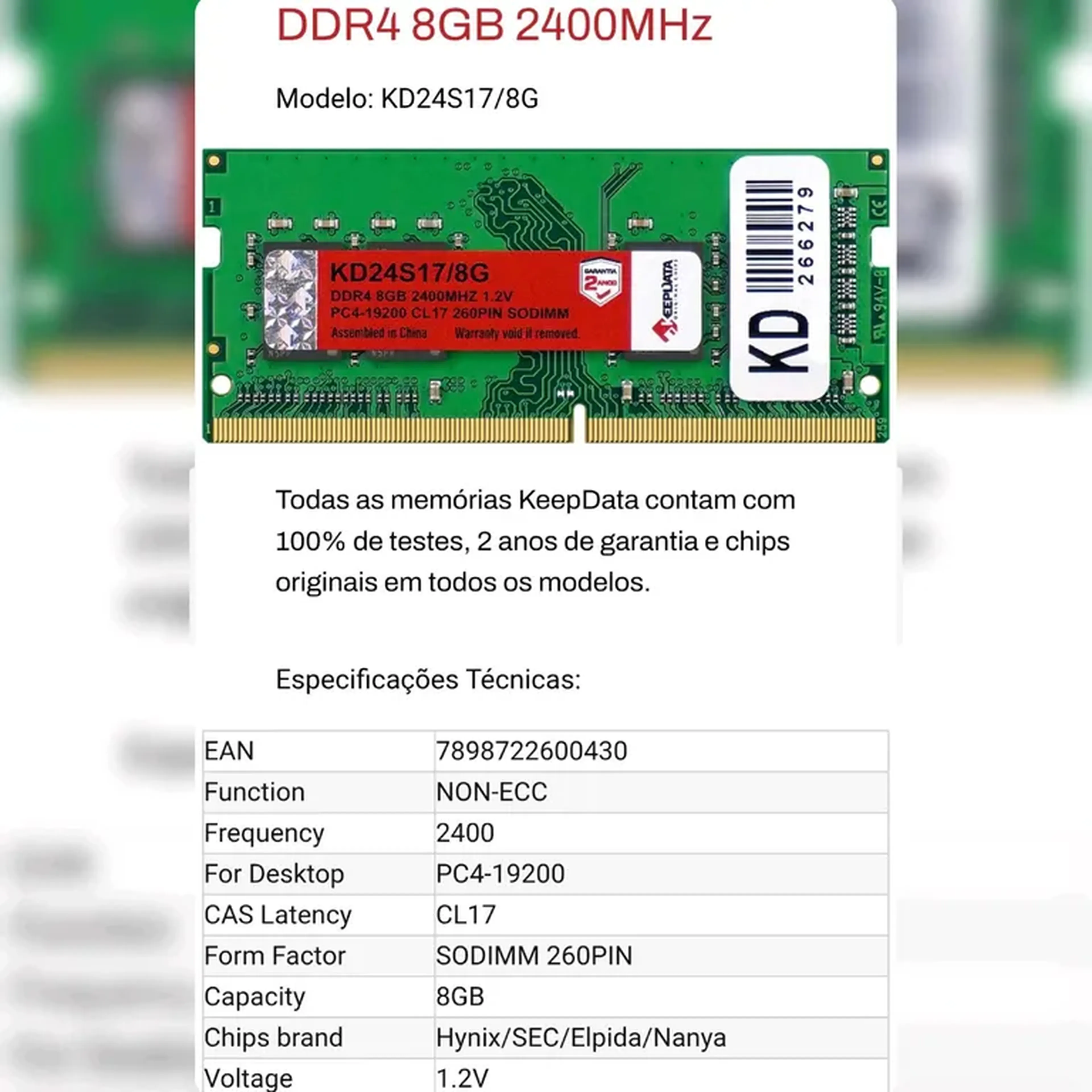 Memória 8GB DDR4 2400MHZ Notebook KEEPDATA imagem