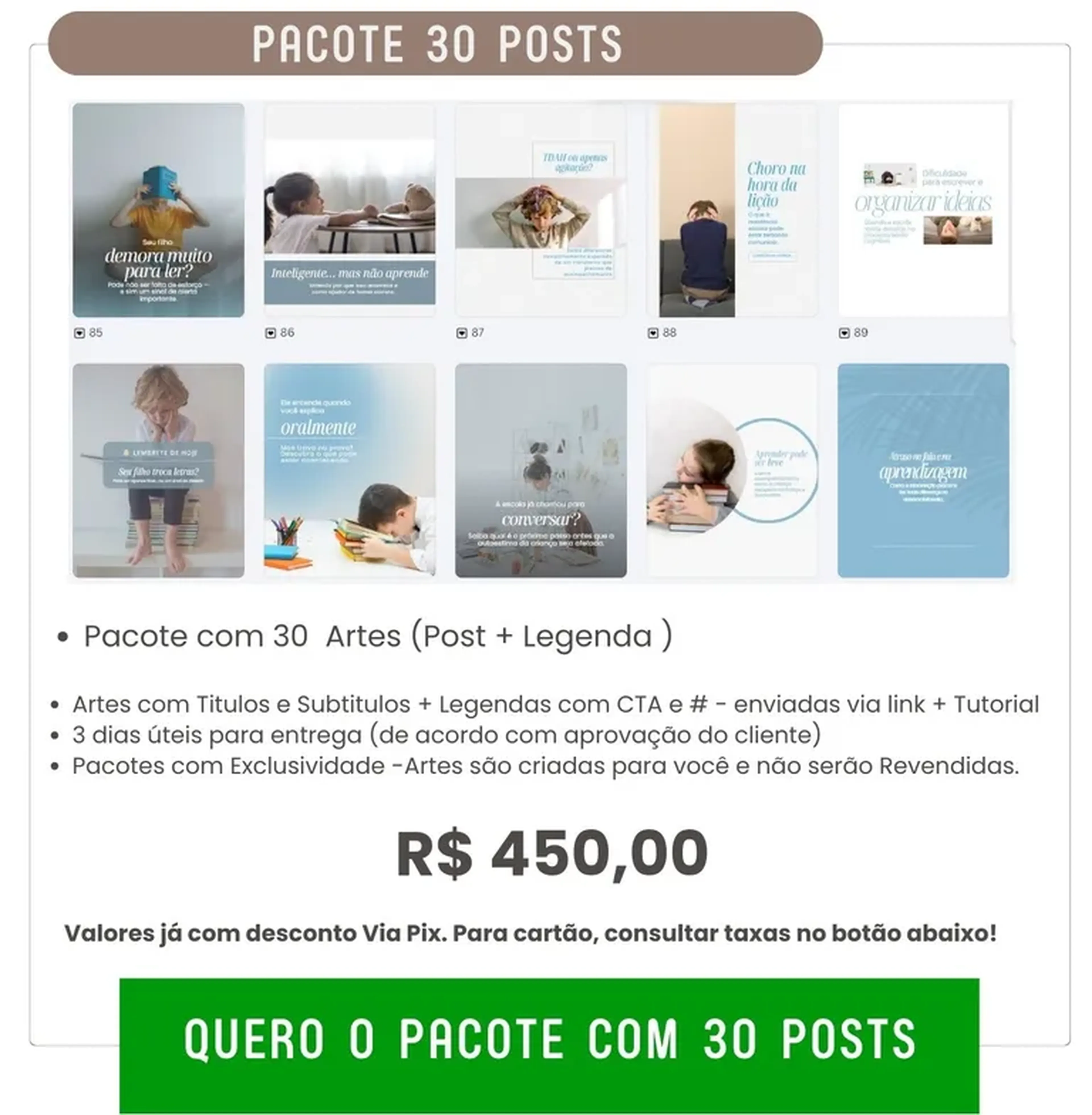 Pacote 30 posts para feed imagem