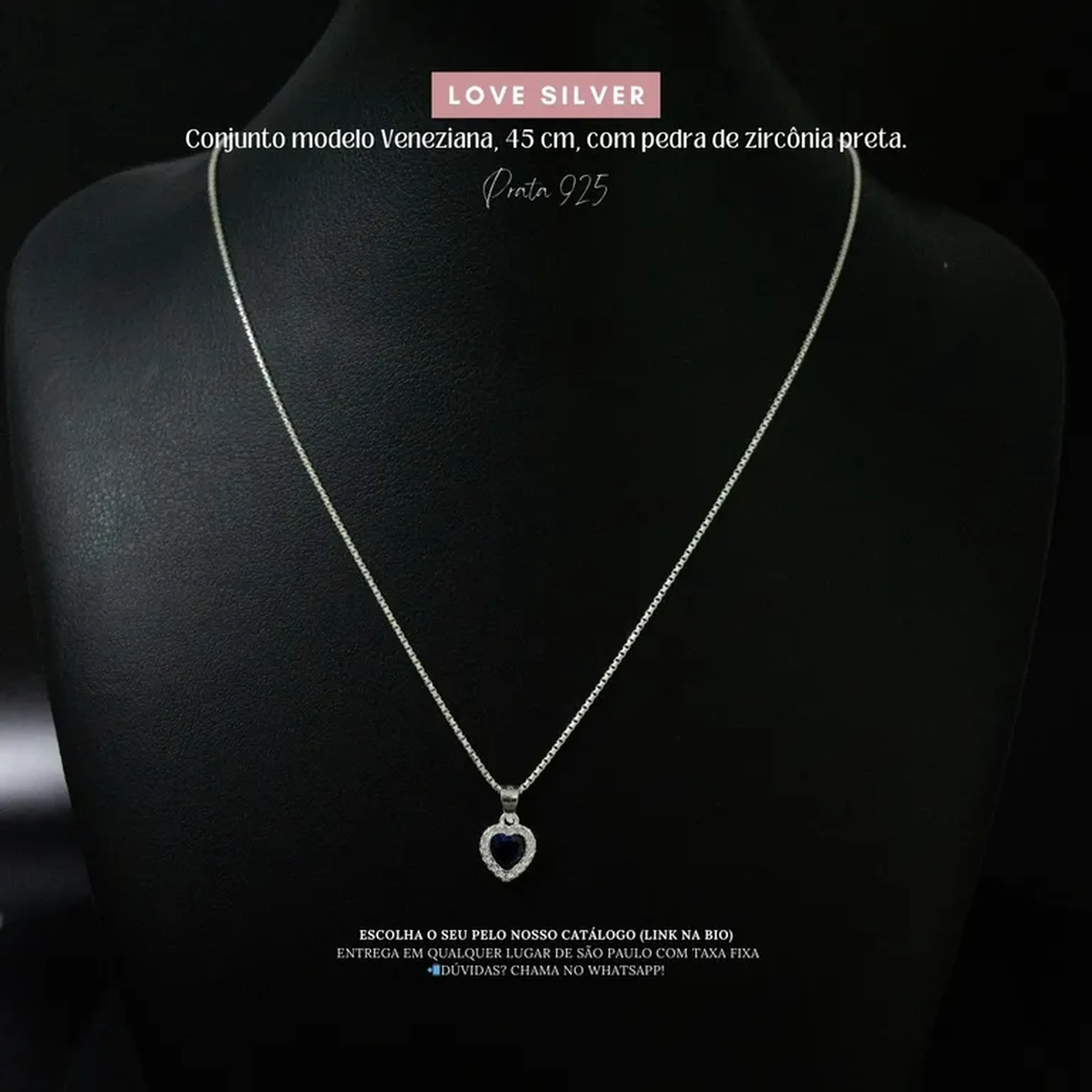 Colar Coração com Zircônia Preta – Prata 925 | Love Silver imagem