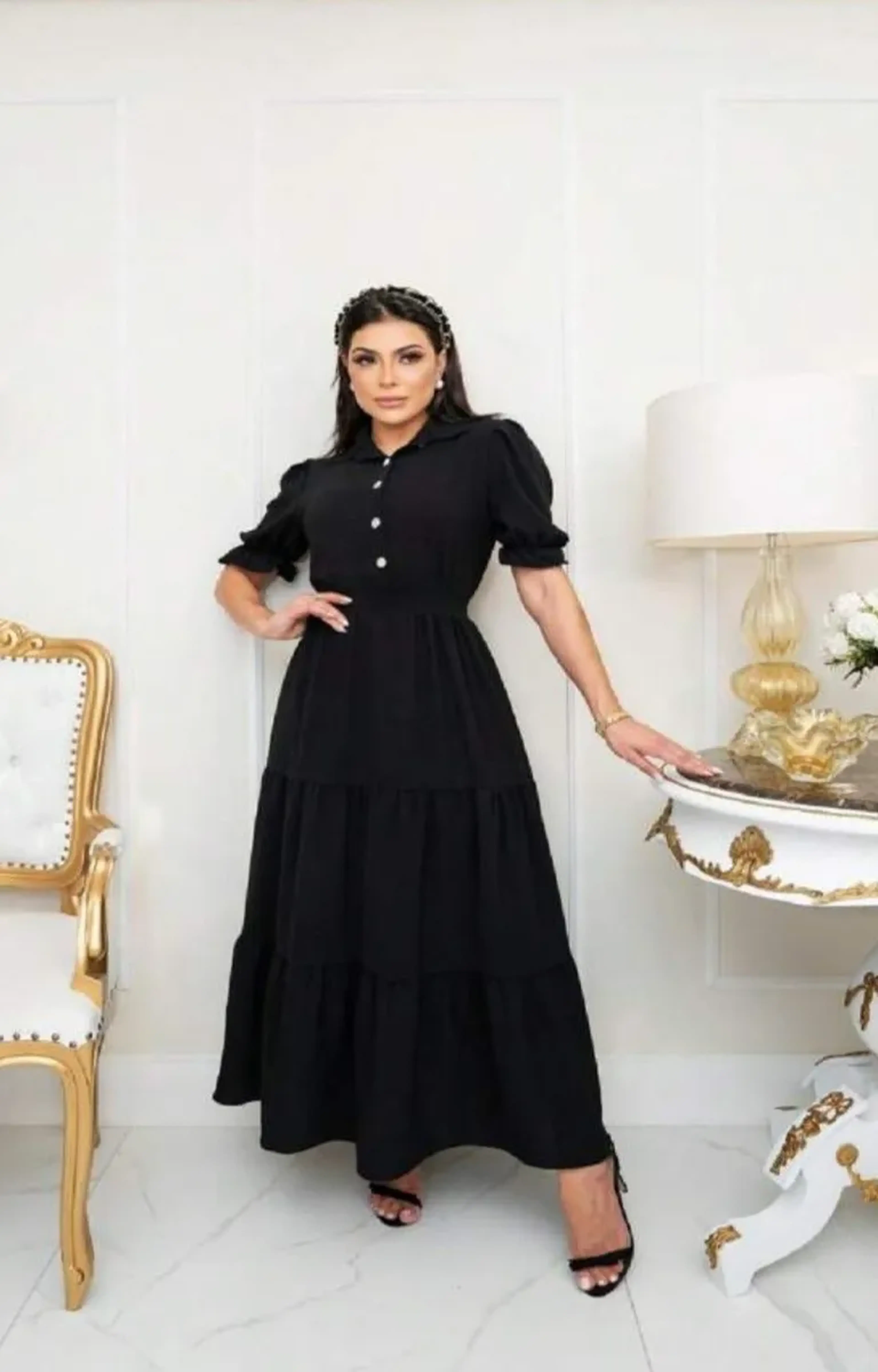 Vestido feminino longo, três Marias botões funcionais imagem