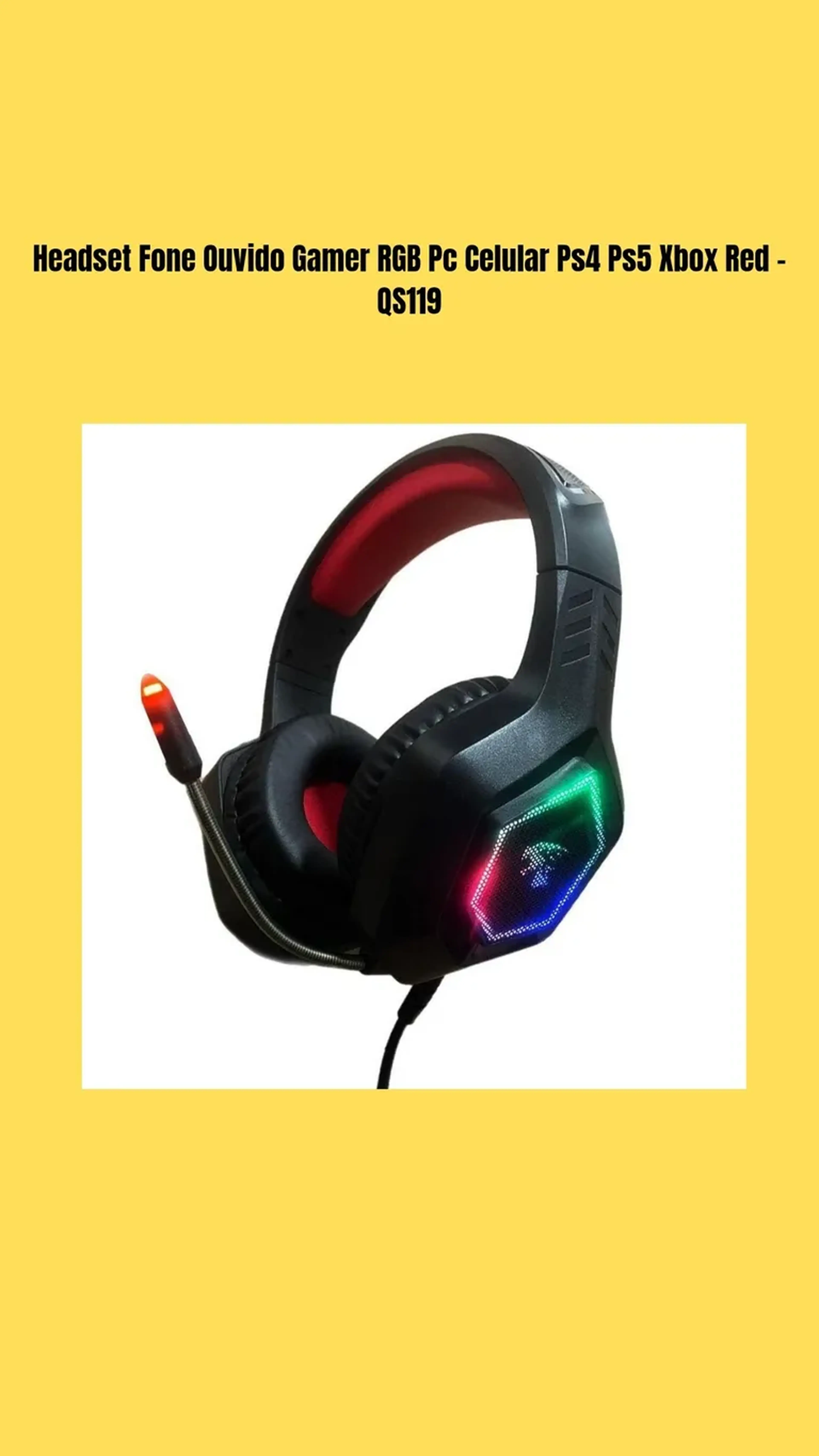 Headset Fone Ouvido Gamer RGB Pc Celular Ps4 Ps5 Xbox Red - QS11 imagem