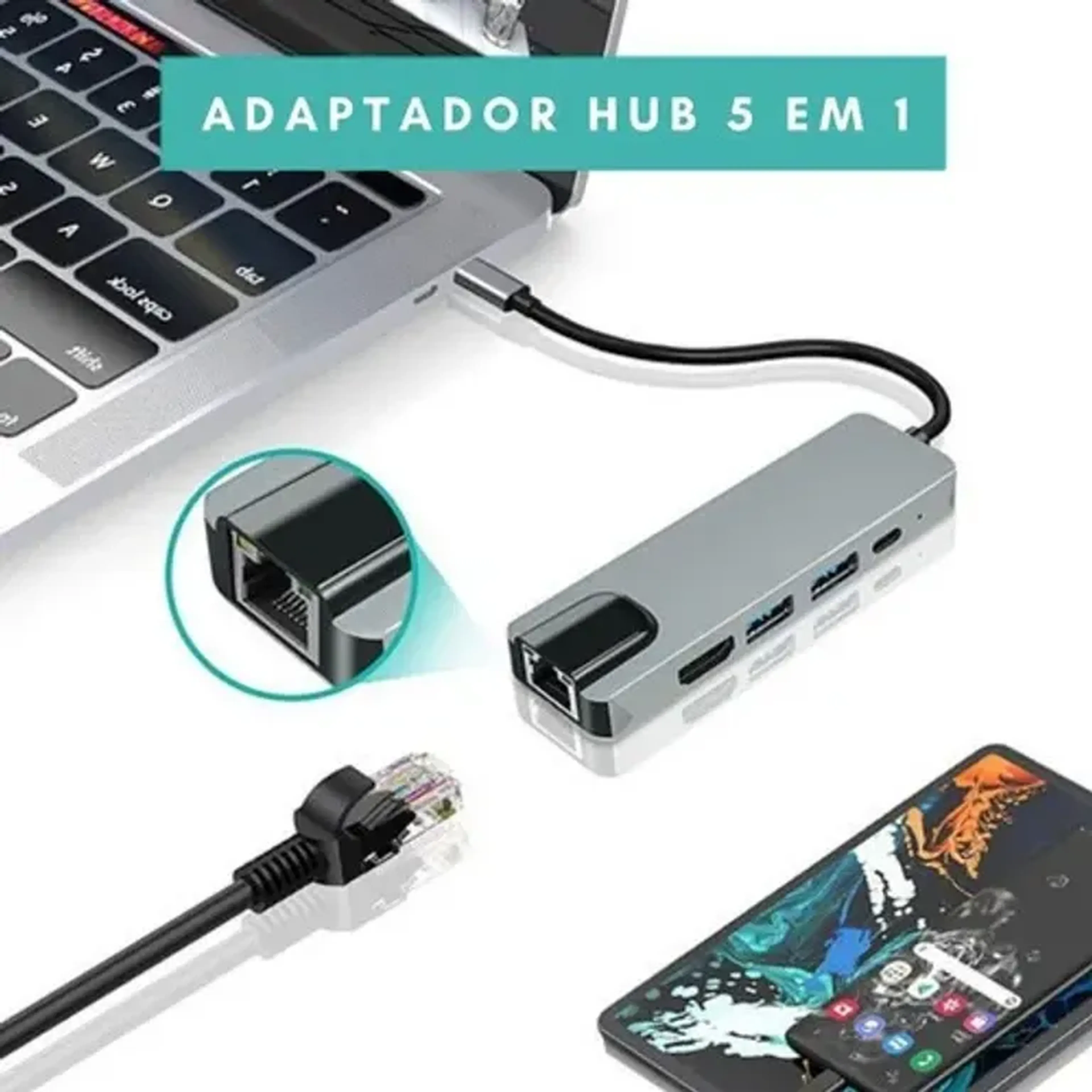 Adaptador Hub Tipo-c 5 Em 1 Hdmi 2x Usb Lan E Tipo-c imagem