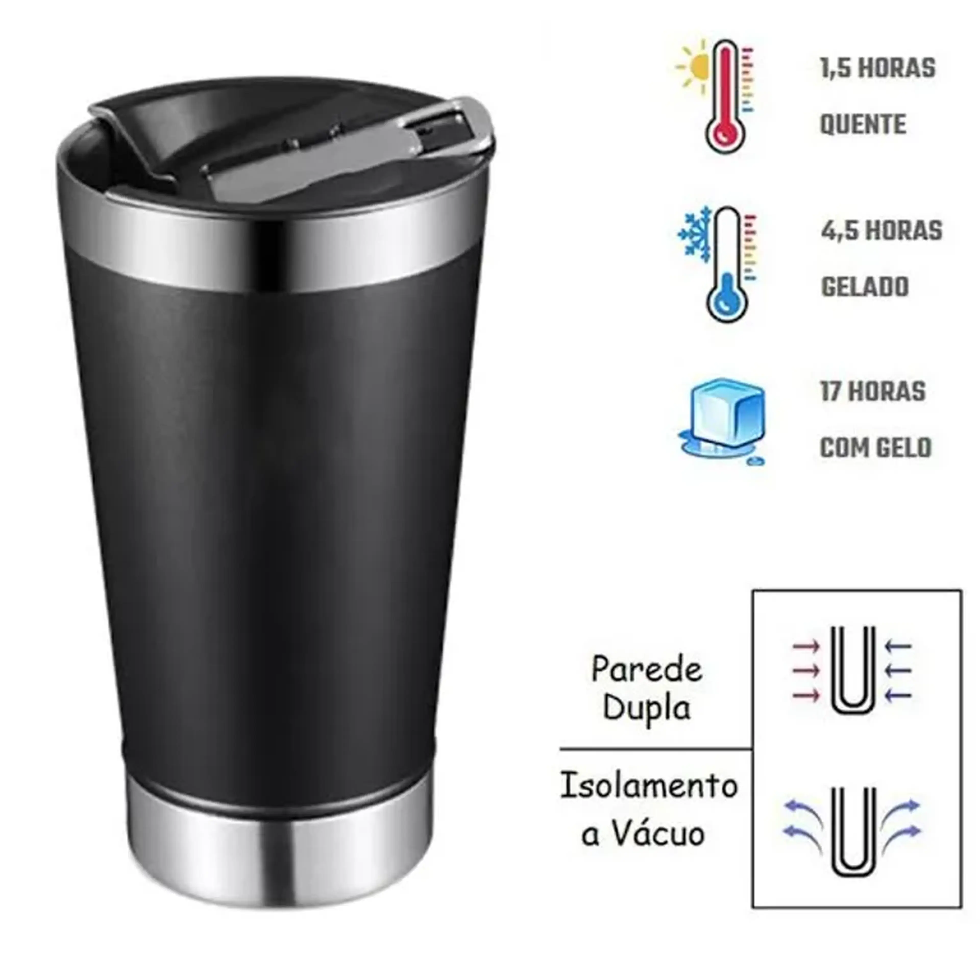 Copo Térmico Com Abridor Beer Pint Preto 502Ml imagem