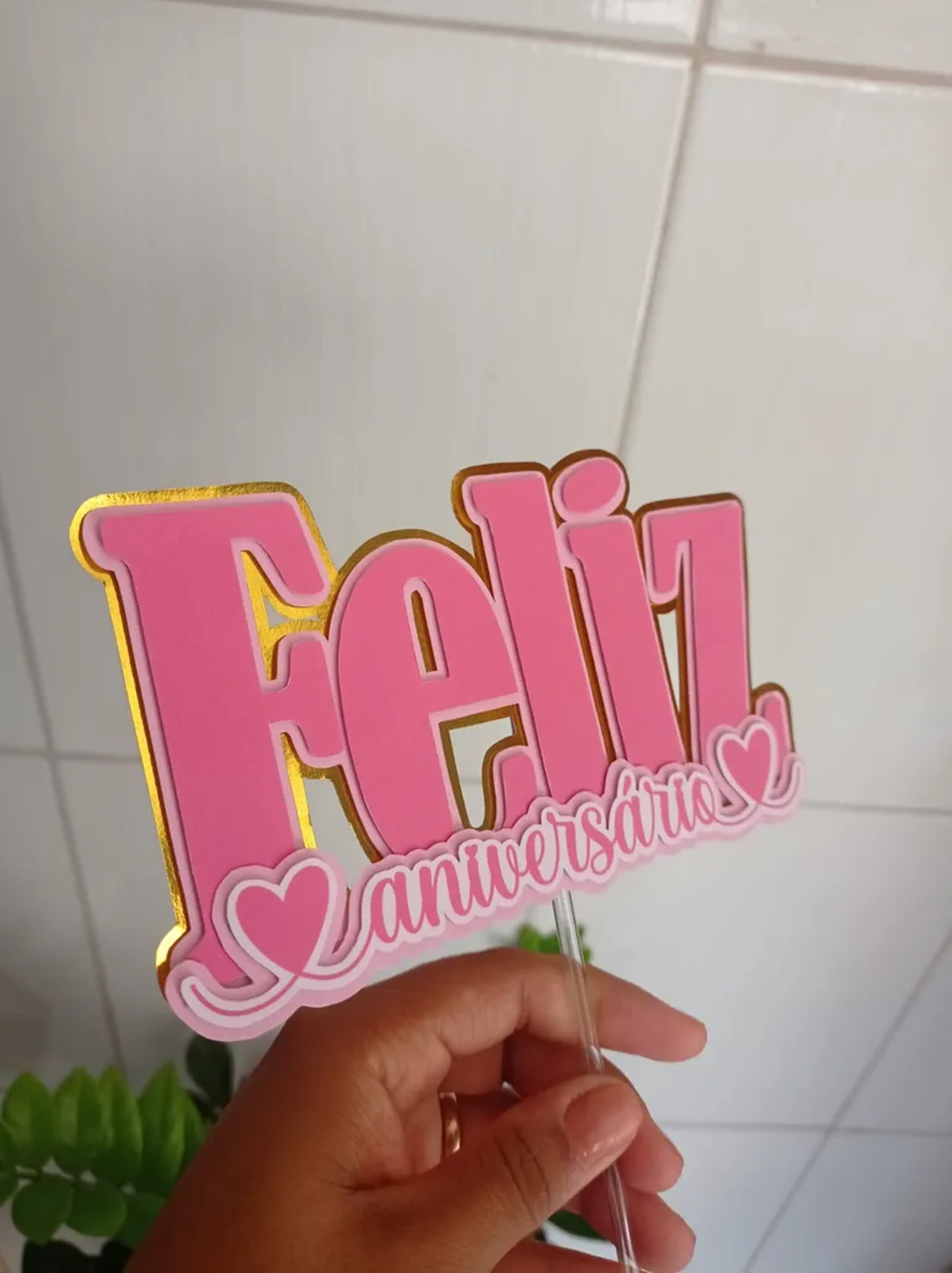 Topper Camadas Feliz Aniversário Rosa imagem