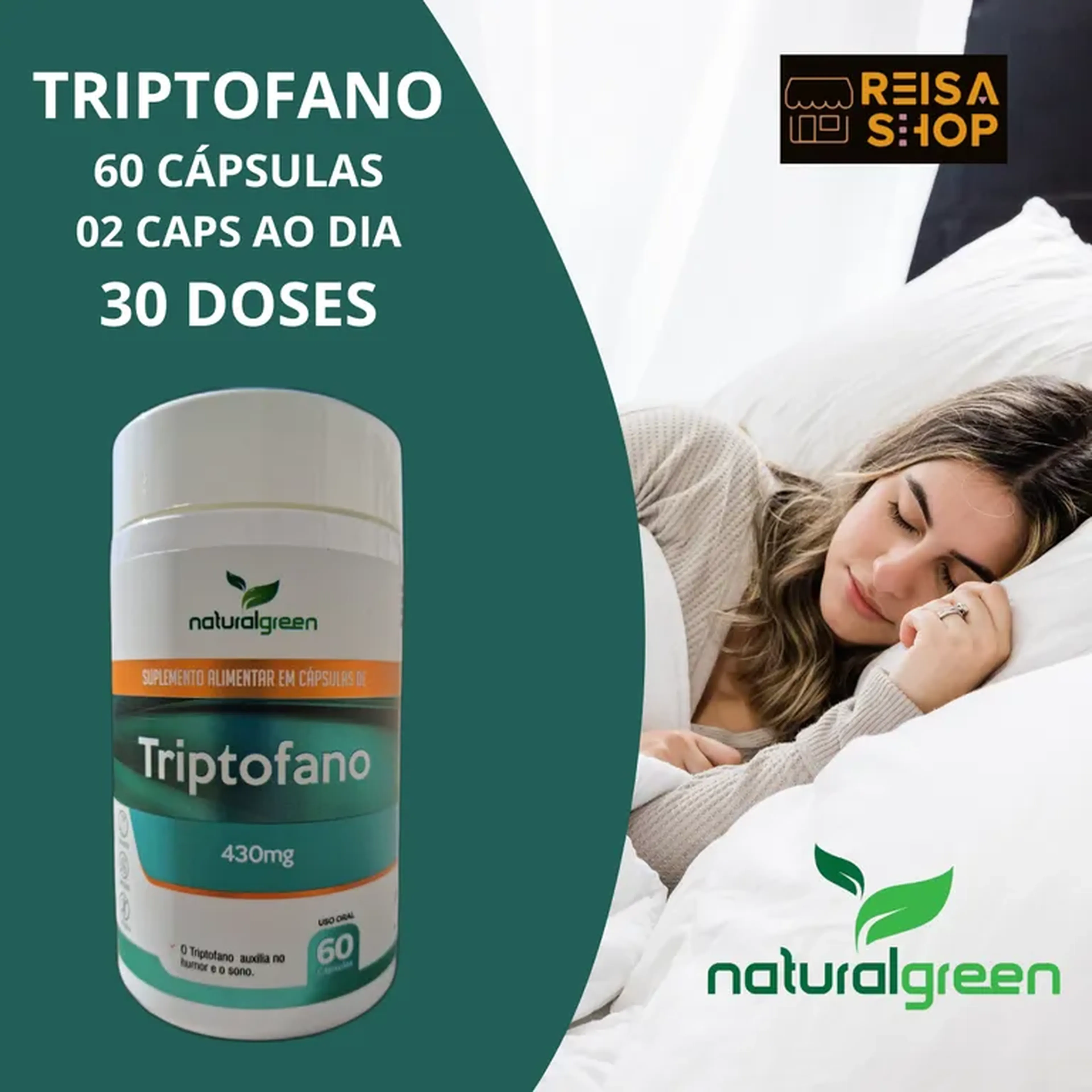 Triptofano 430mg Precursor Sono Humor Natural Green 60 Caps imagem
