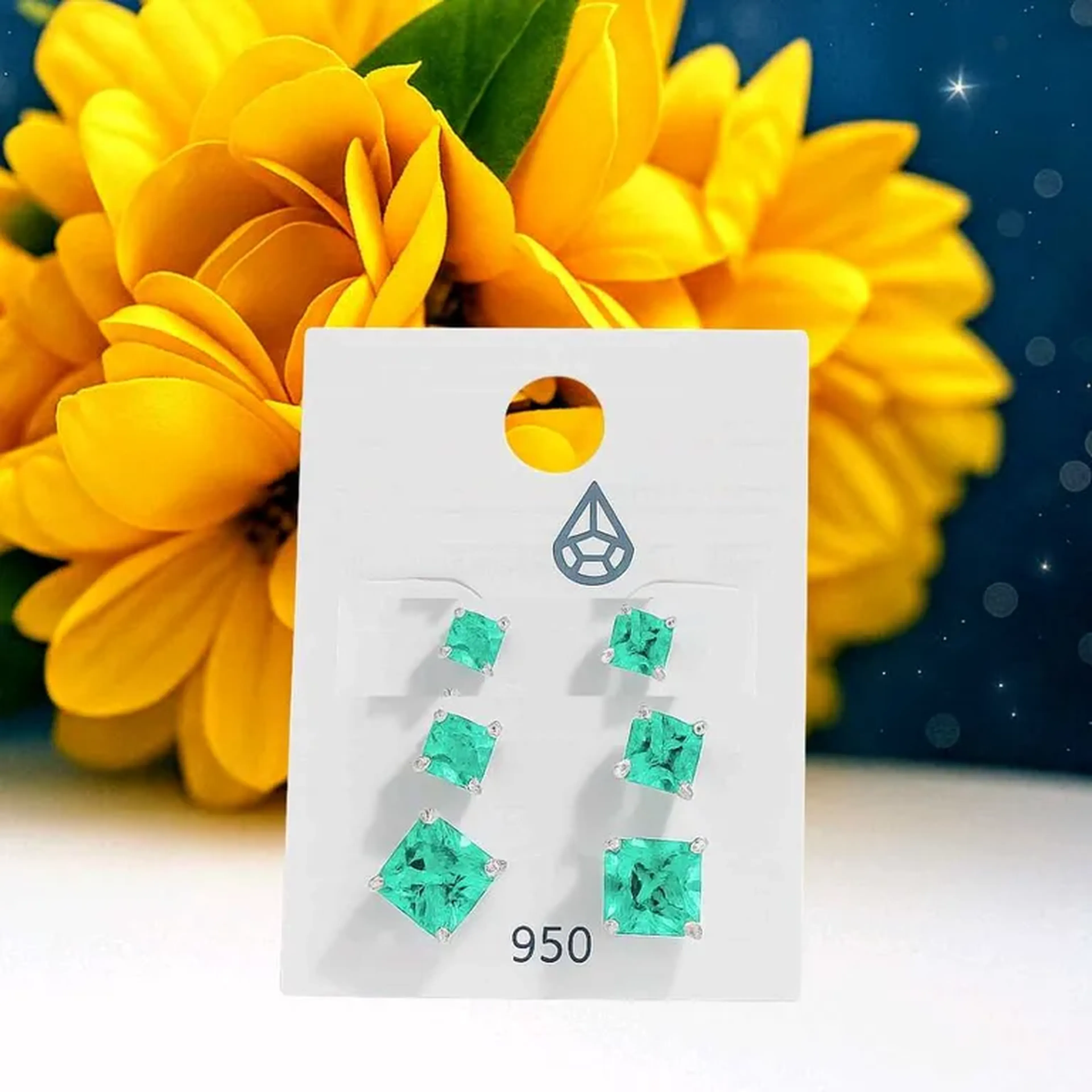 Trio de Brinco em Prata 950 com Zircônia Verde Água imagem