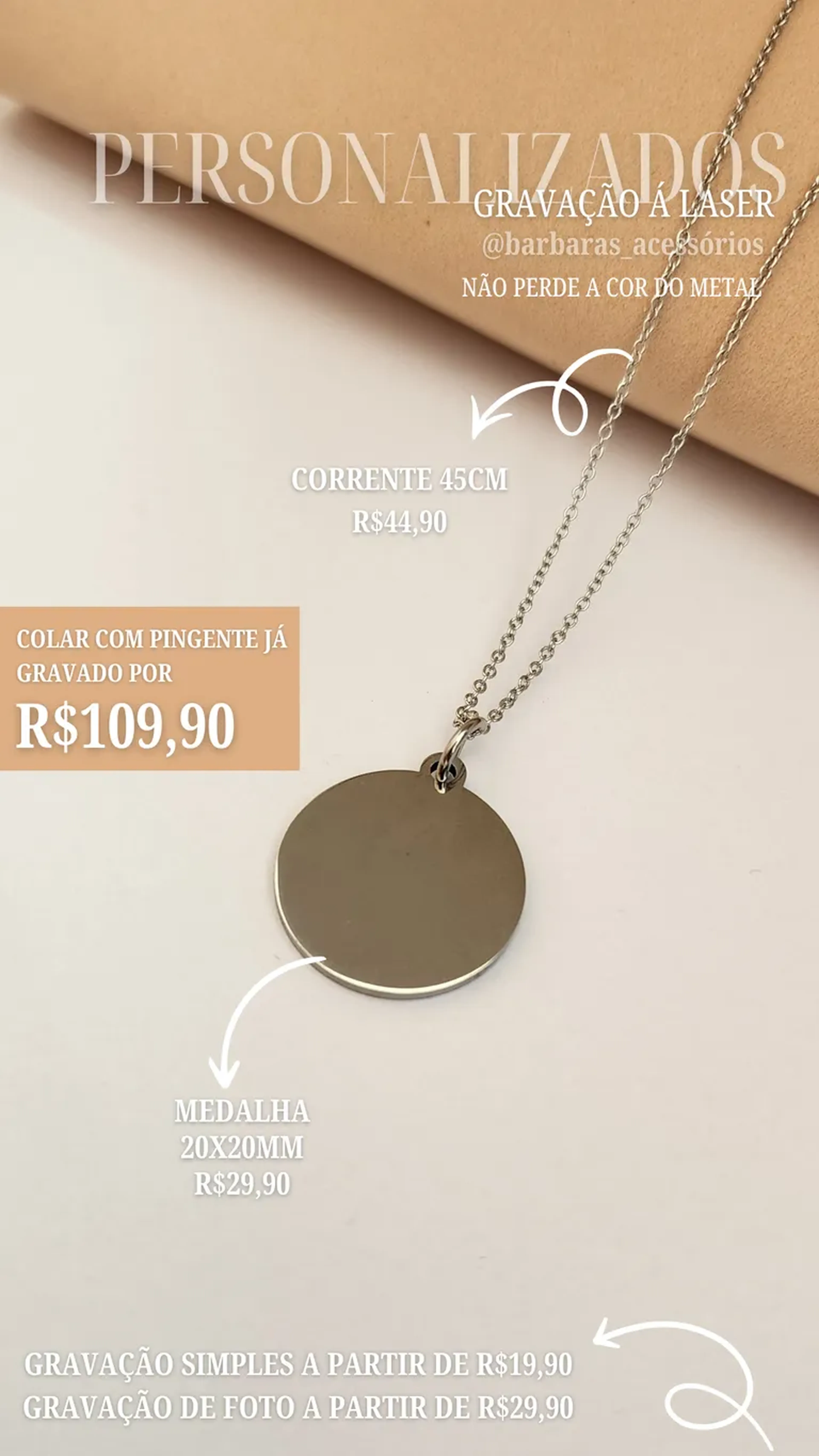 COLAR MEDALHA 20X20MM AÇO imagem