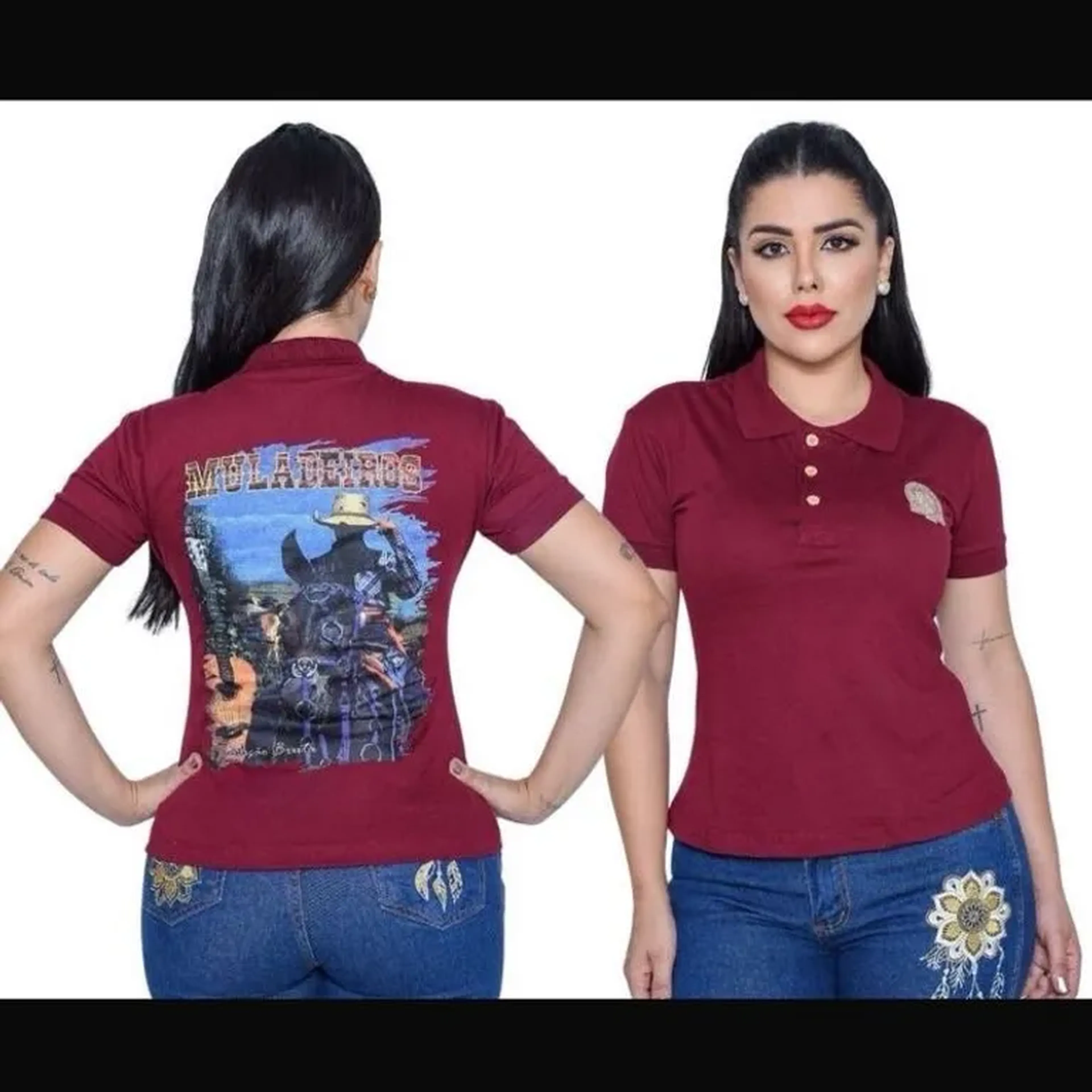 Camisa polo feminina mula rosa Bordo imagem
