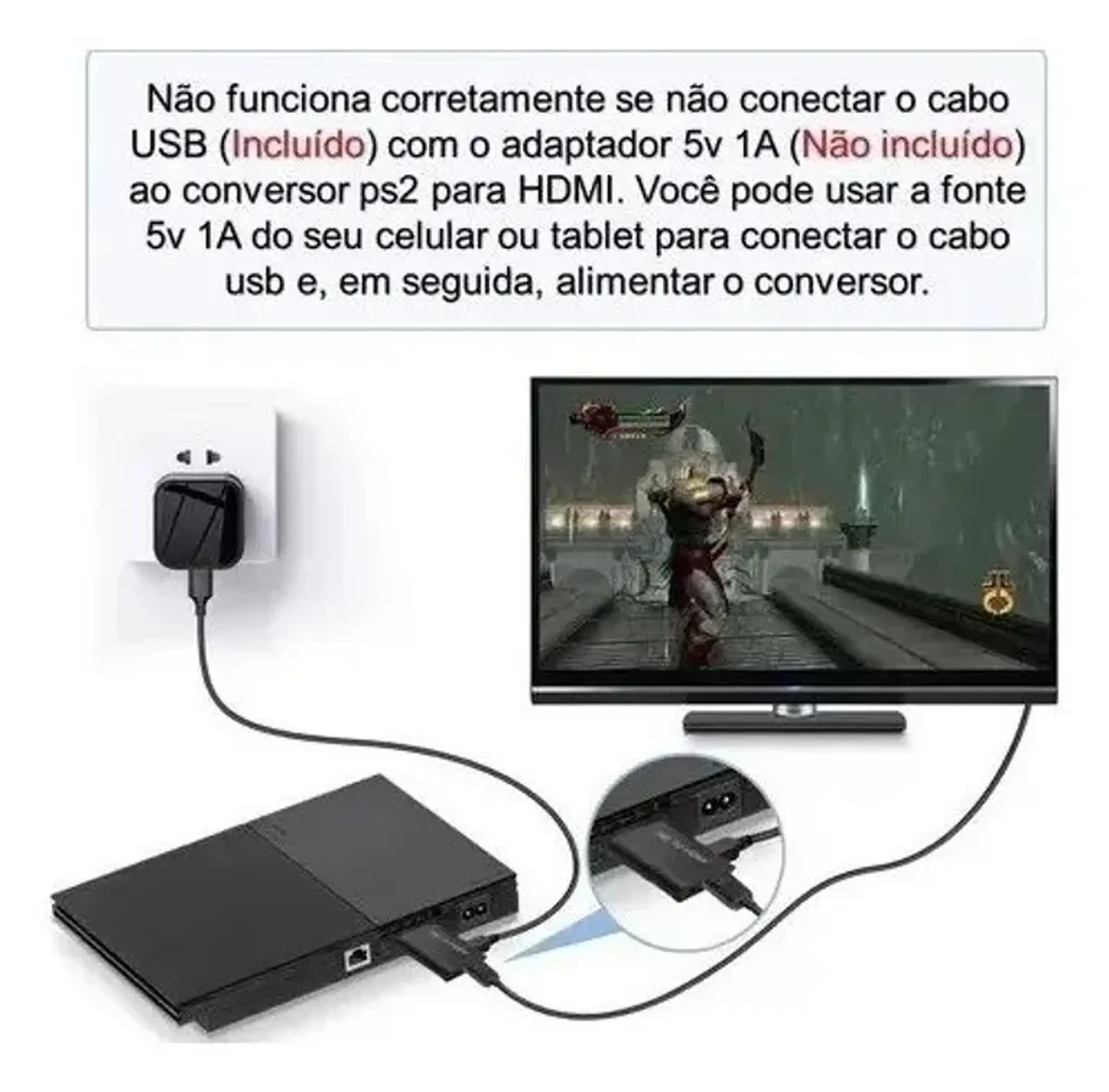 Adaptador Para Ps2 Audio-Video Para Cabo Hdmi-KNUP-AD141 imagem