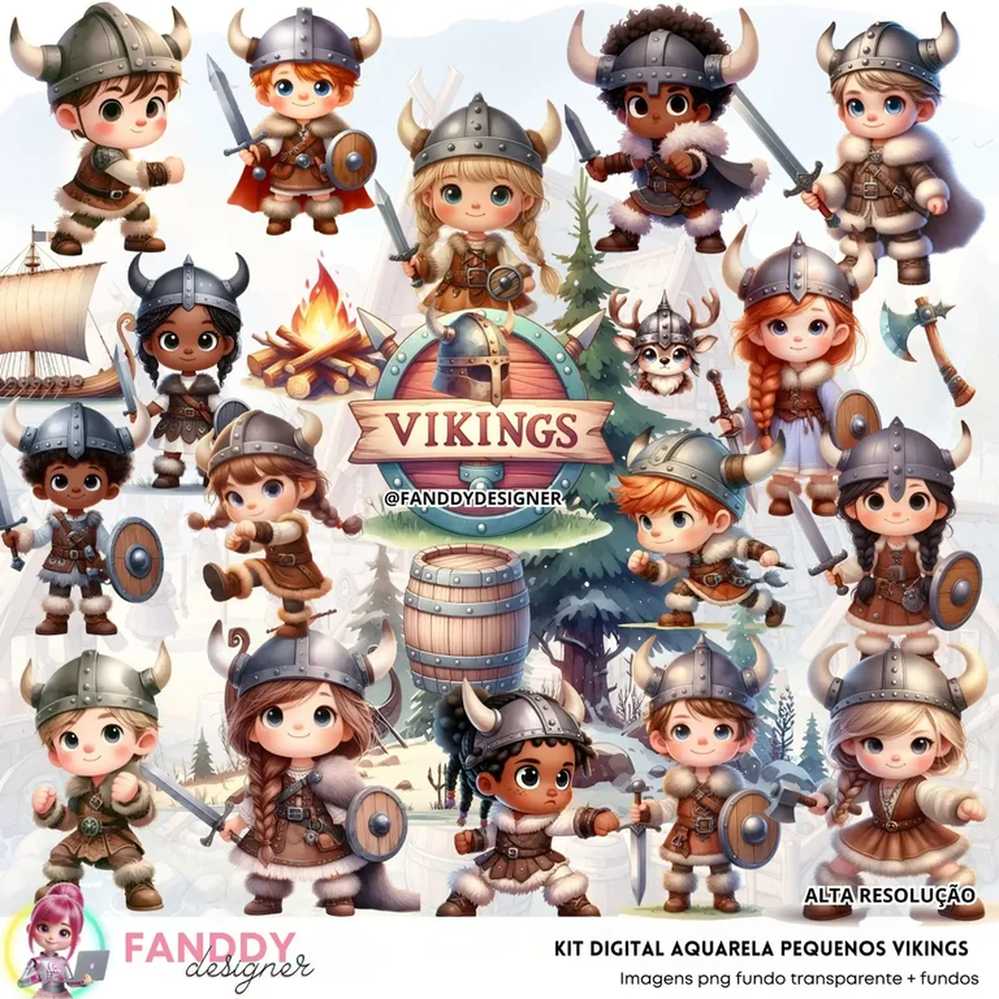 Kit digital Pequenos Vikings aquarela imagem