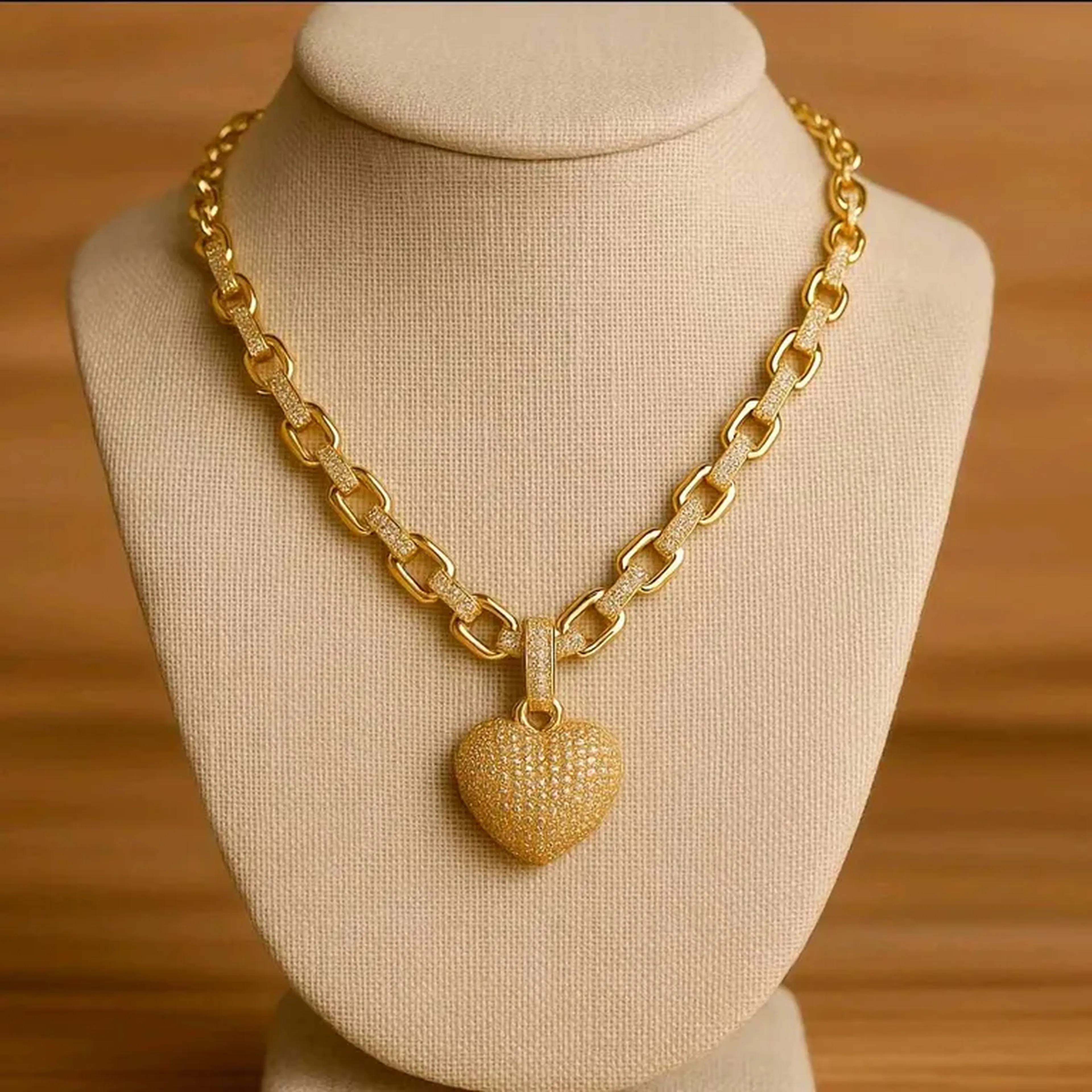 Colar elos lisos e cravejados com coracao cravejado imagem