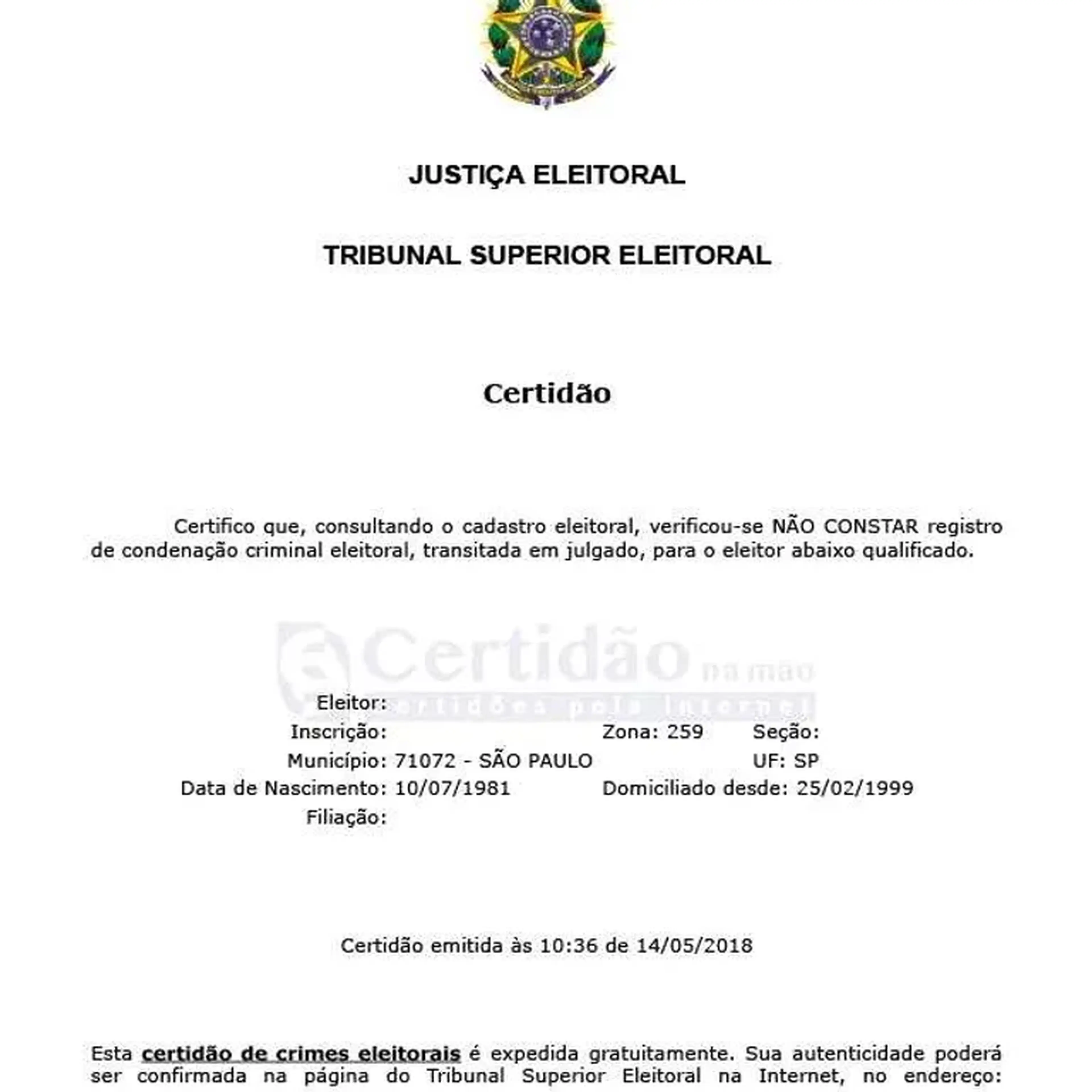 certidão de crimes eleitoral imagem