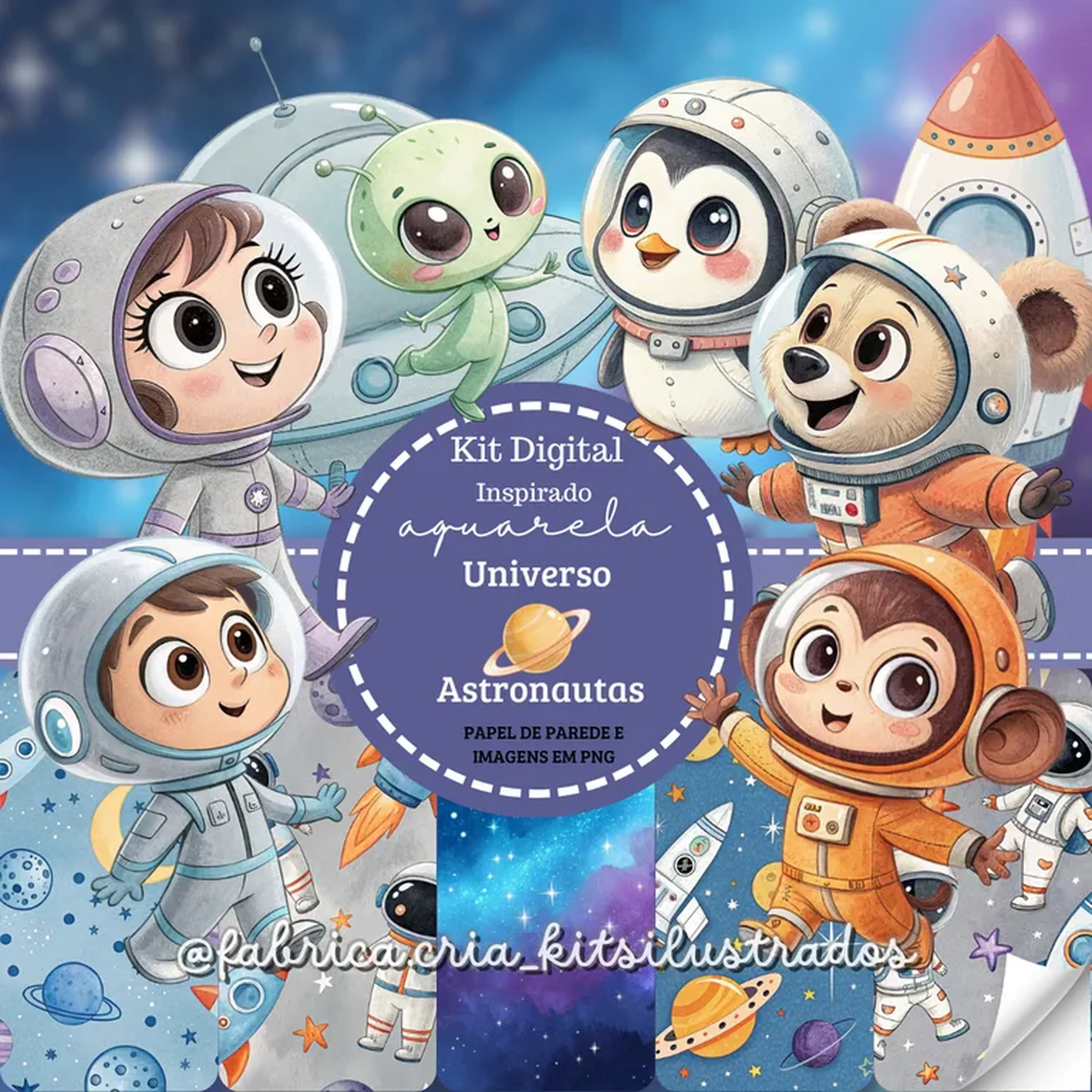 Kit Digital Aquarela Inspirado Universo Astronautas imagem