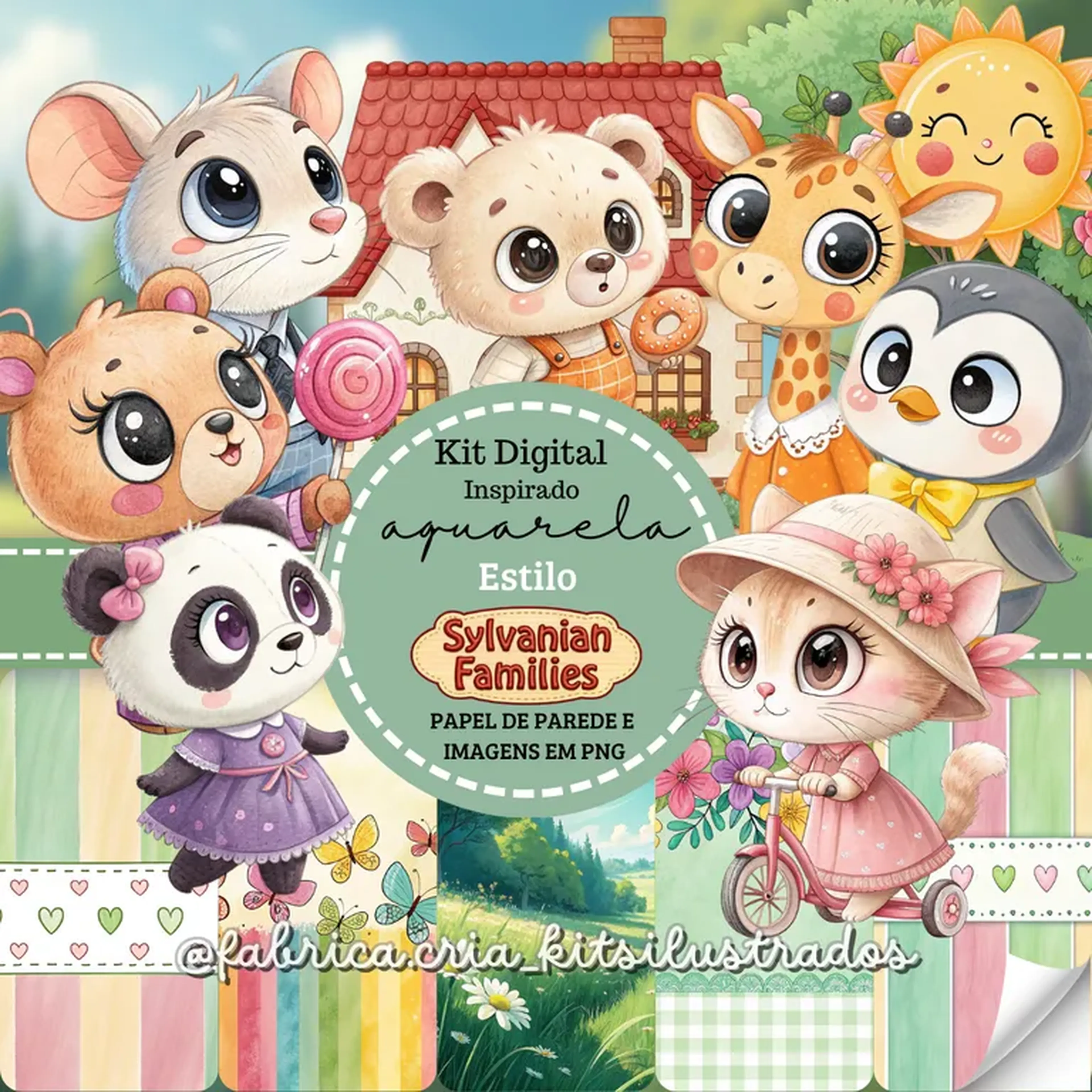 Kit Digital Aquarela Inspirado Estilo Sylvanian Family imagem