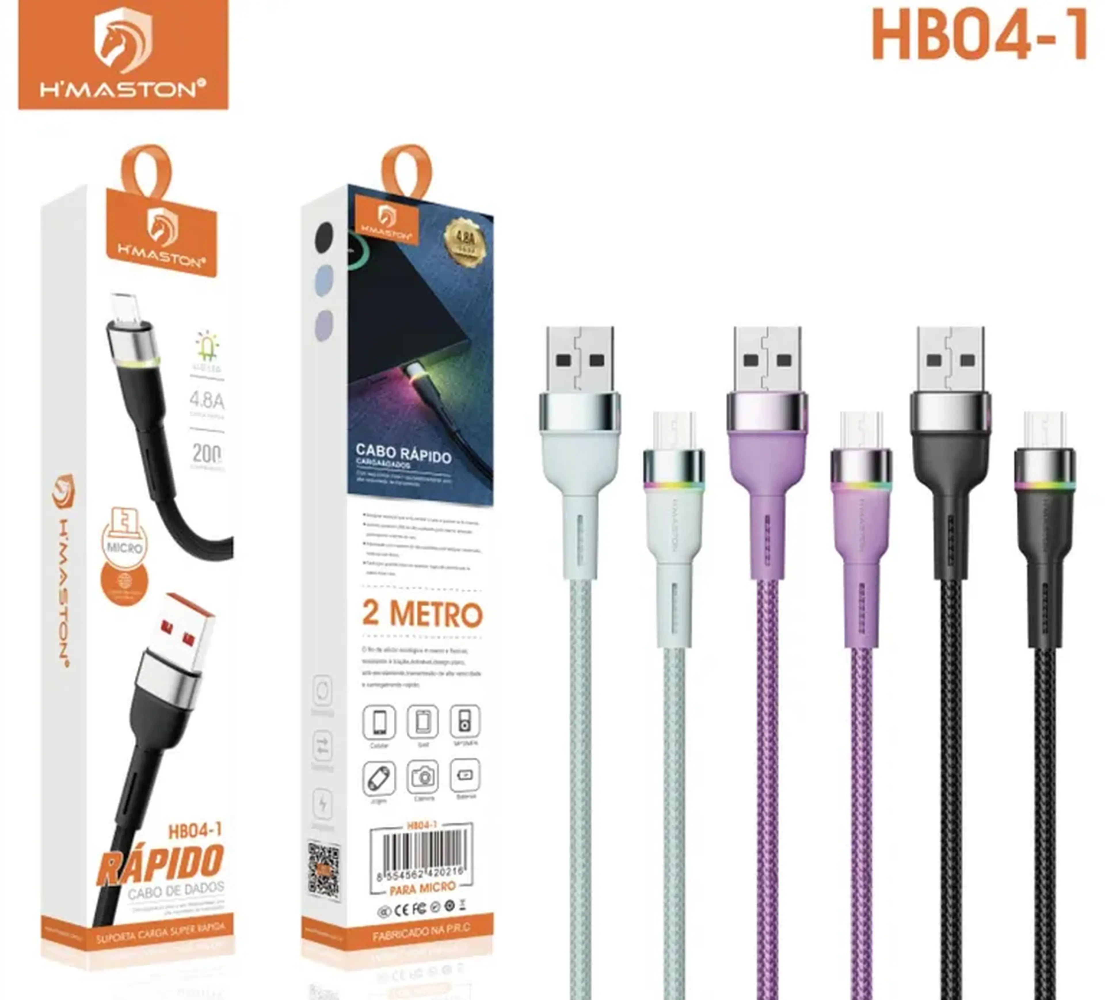CABO V8 2 METROS HMASTON DADOS E CARGA TURBO 4.8A imagem