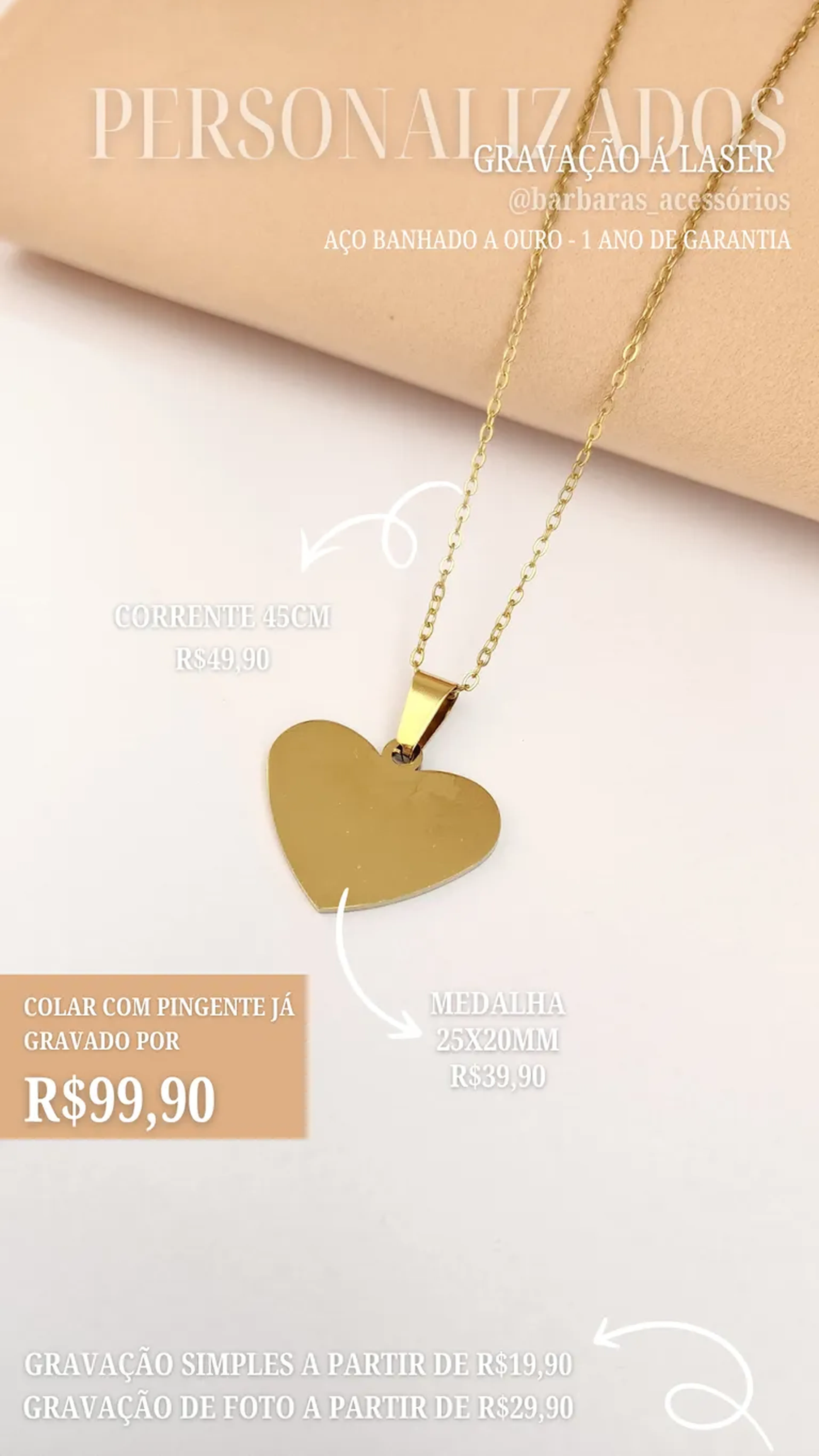 COLAR CORAÇÃO 25X20MM AÇO BANHADO imagem