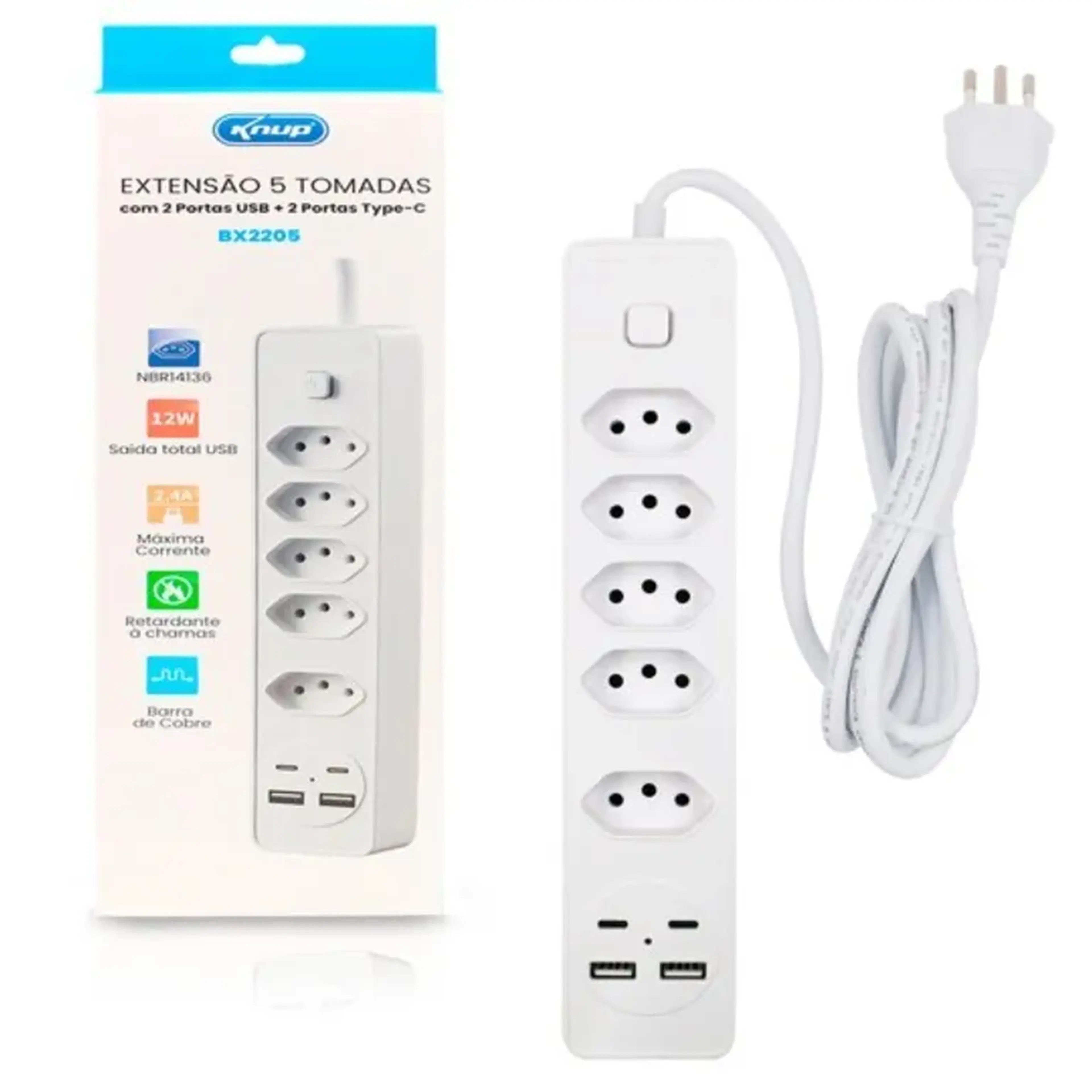 Extensão 5 Tomadas Com 2 Portas Usb e 2 Portas Type-c imagem