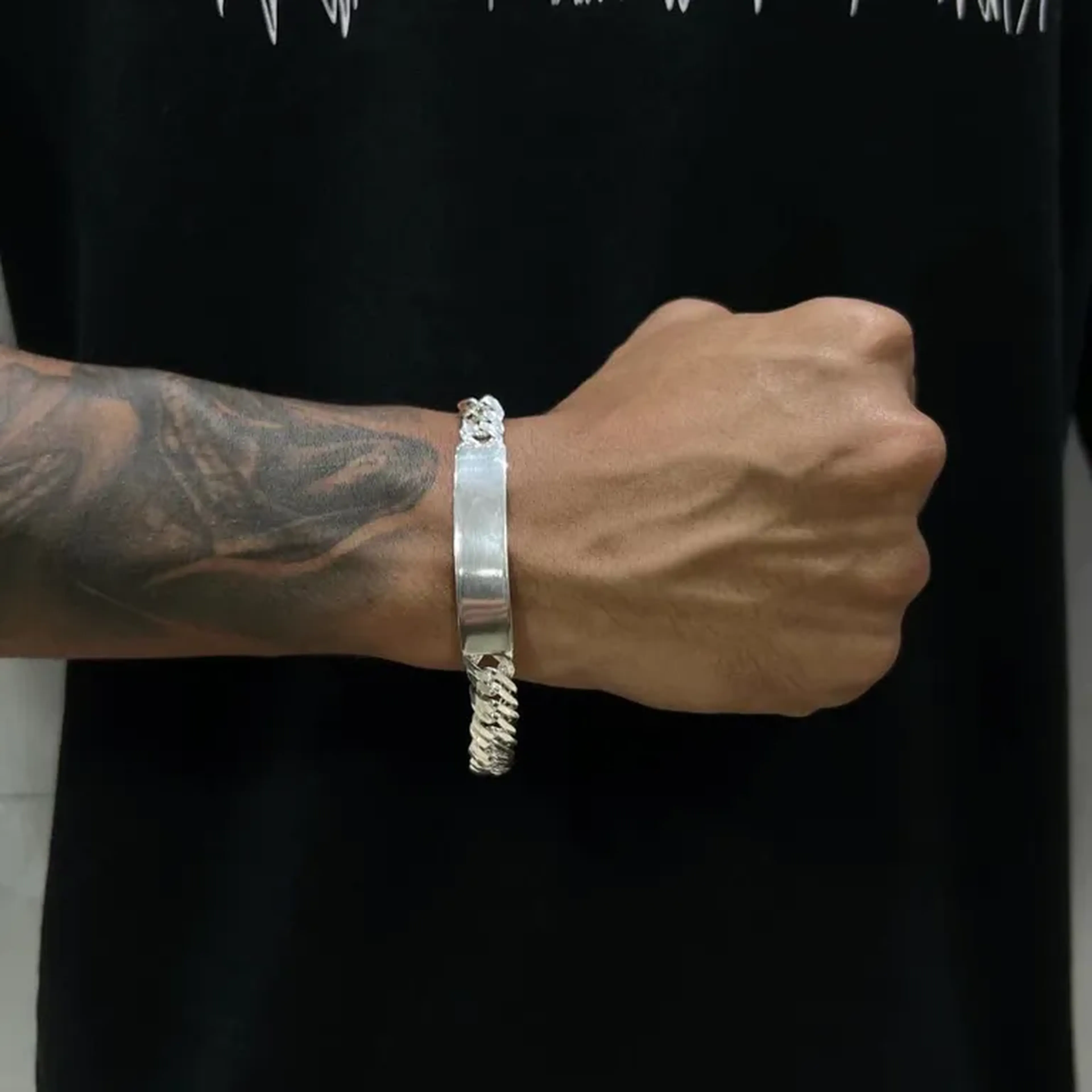 Pulseira Elo Duplo Com Placa 10mm - Prata Legítima imagem