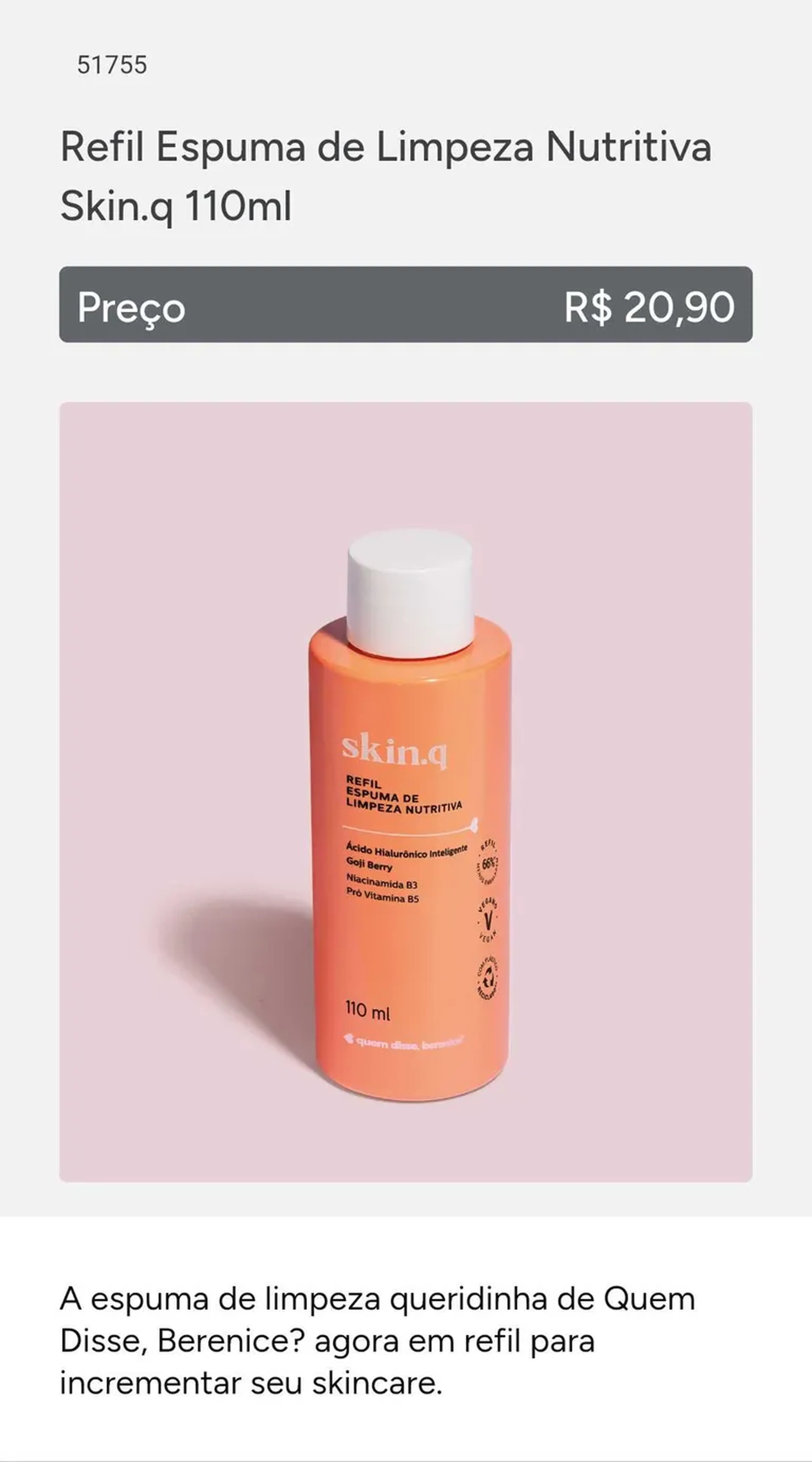 Refil Espuma de Limpeza Nutritiva Skin.q 110ml imagem