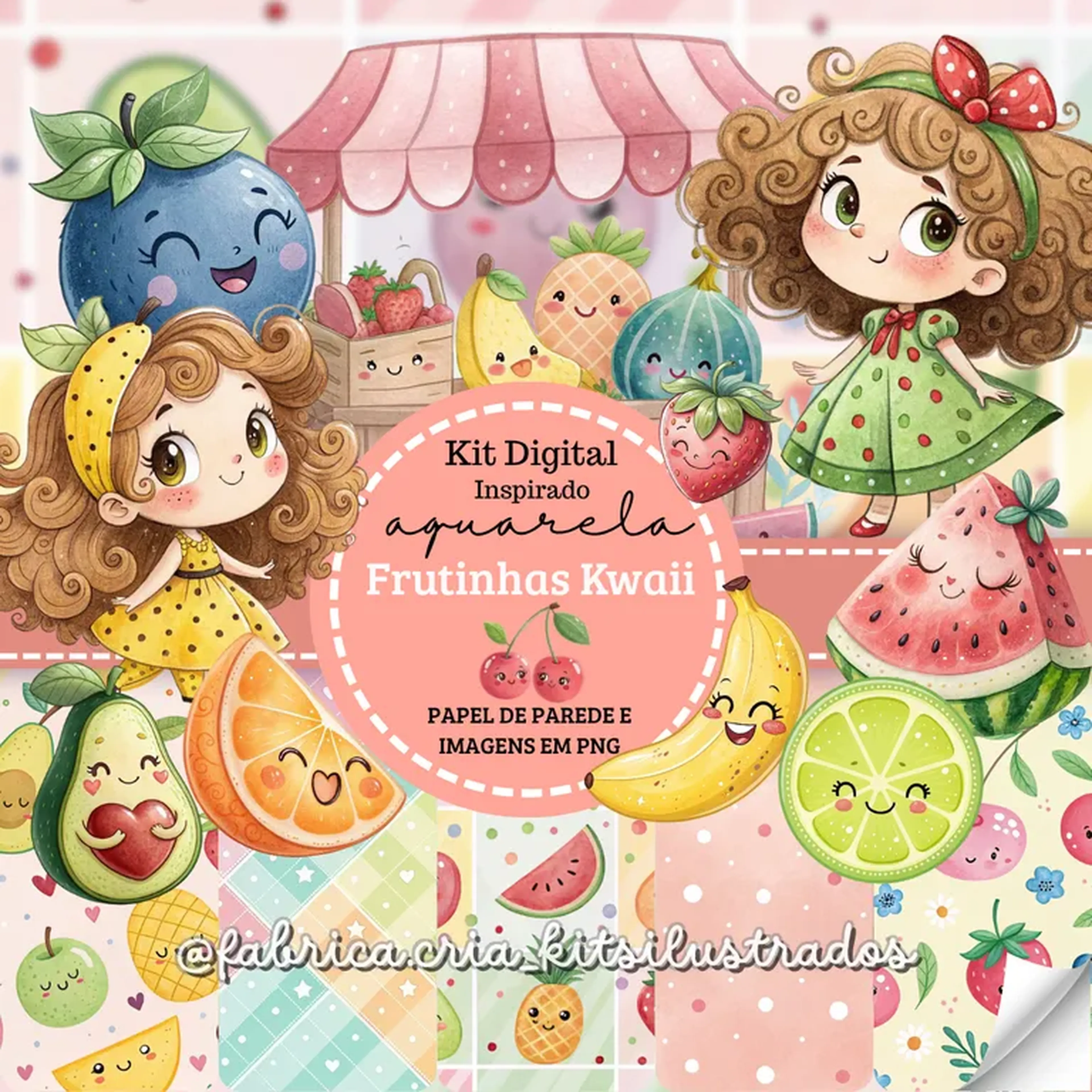 Kit Digital Aquarela Inspirado Frutinhas Kwaii imagem