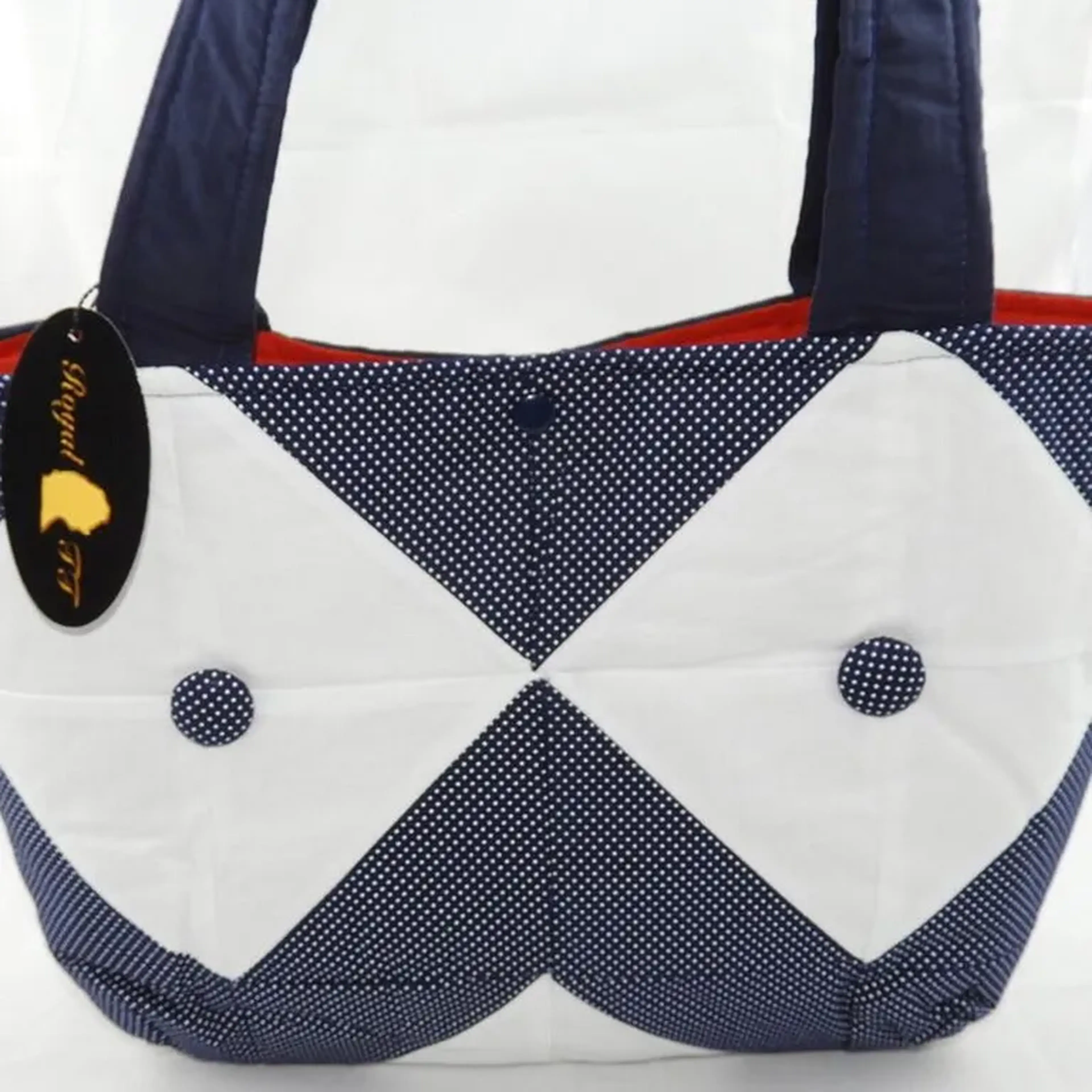 Bolsa de Passeio Patchwork Azul Marinho com Poás Brancos imagem