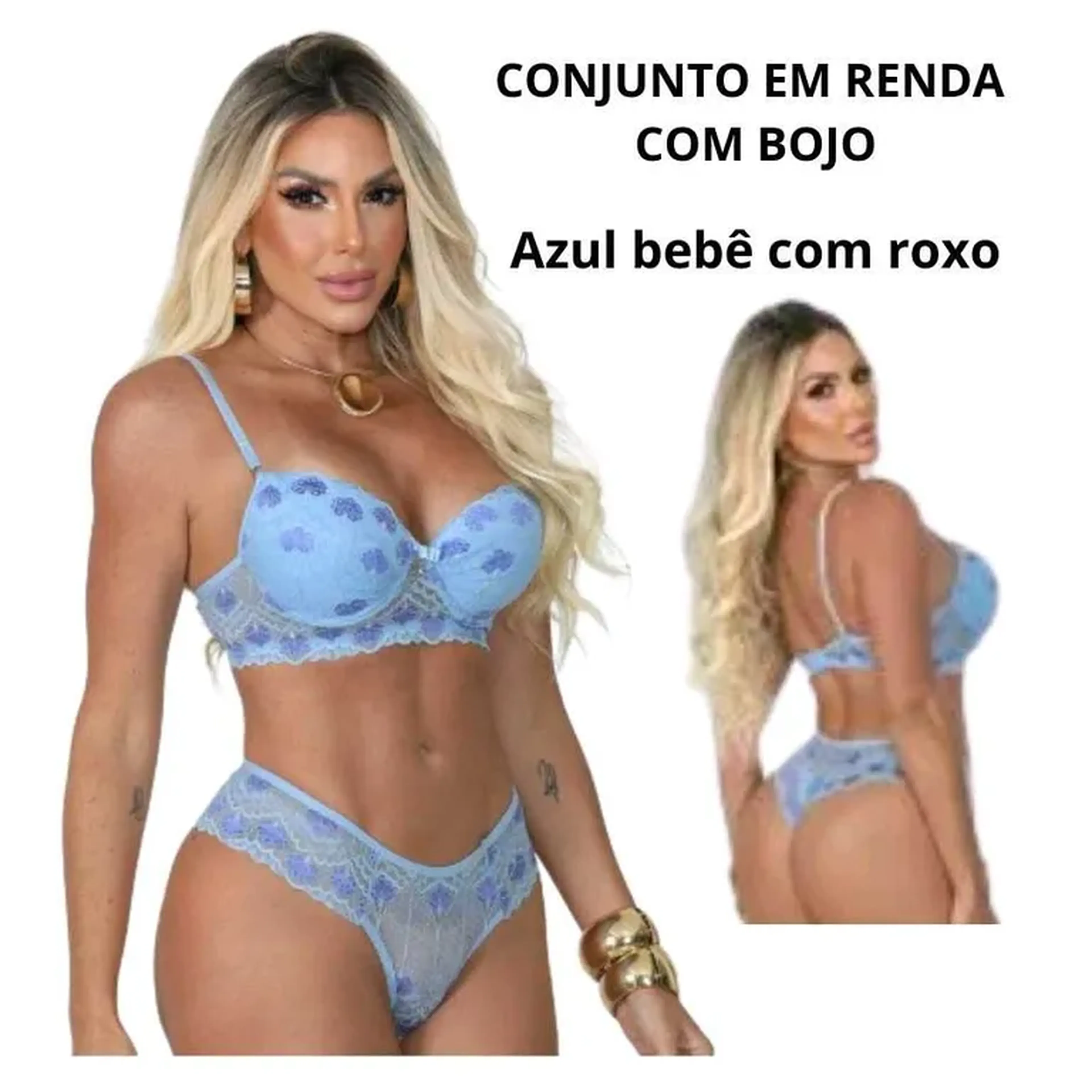 Conjunto em renda com bojo - Azul Bebê com Roxo imagem
