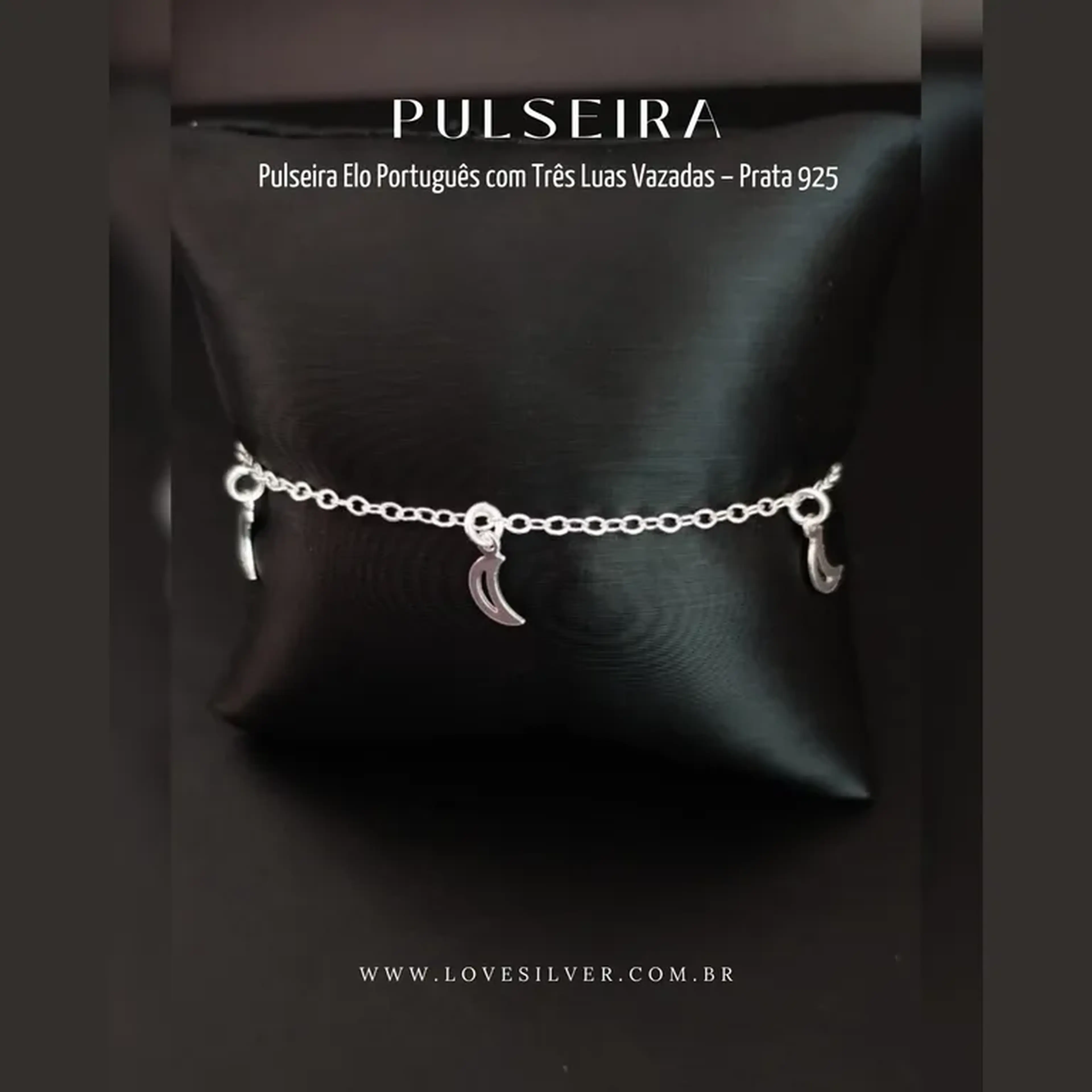 Pulseira Elo Português com Três Luas Vazadas - Prata 925 imagem