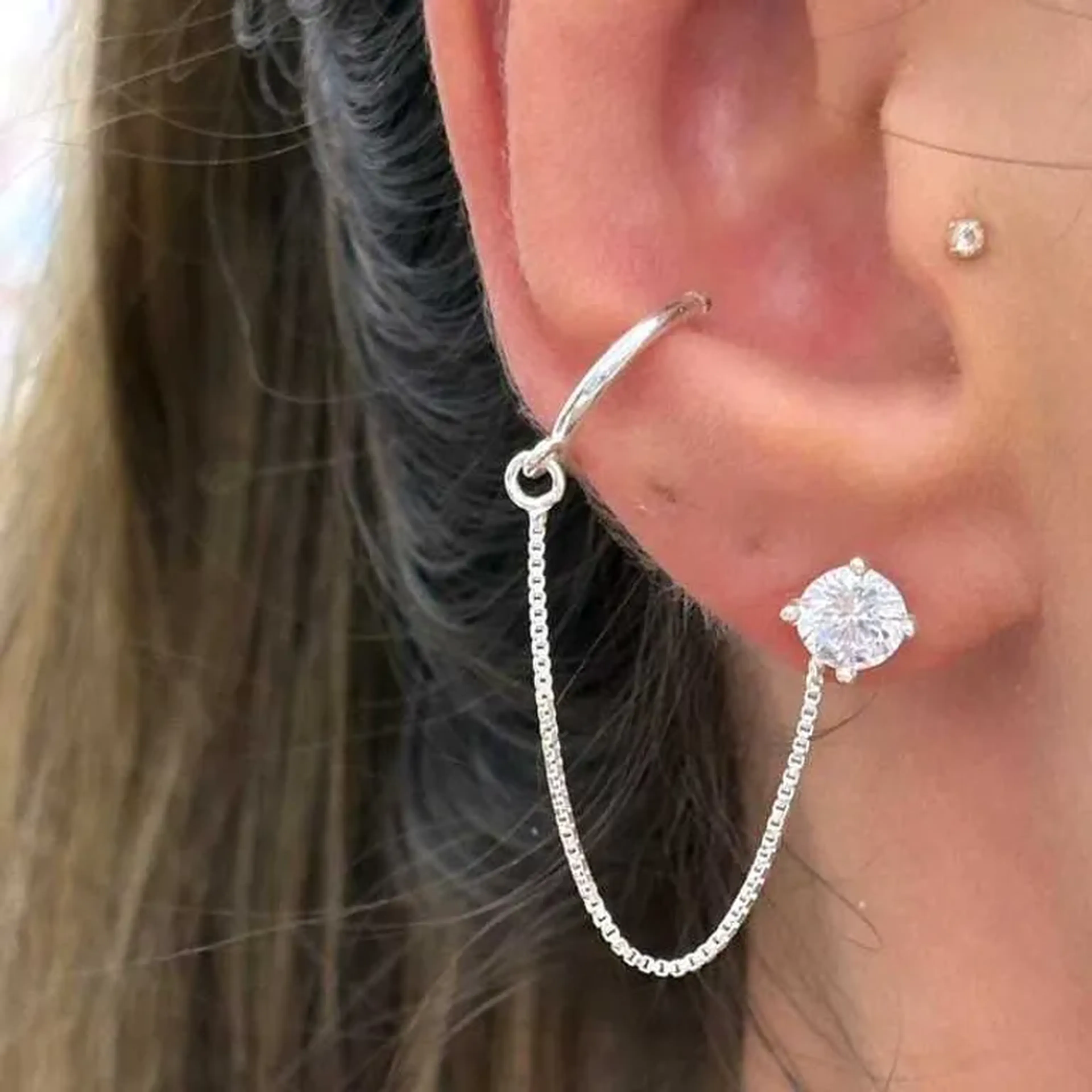 Brinco Ponto de luz, Corrente Com Piercing Fake liso. Prata 925 imagem