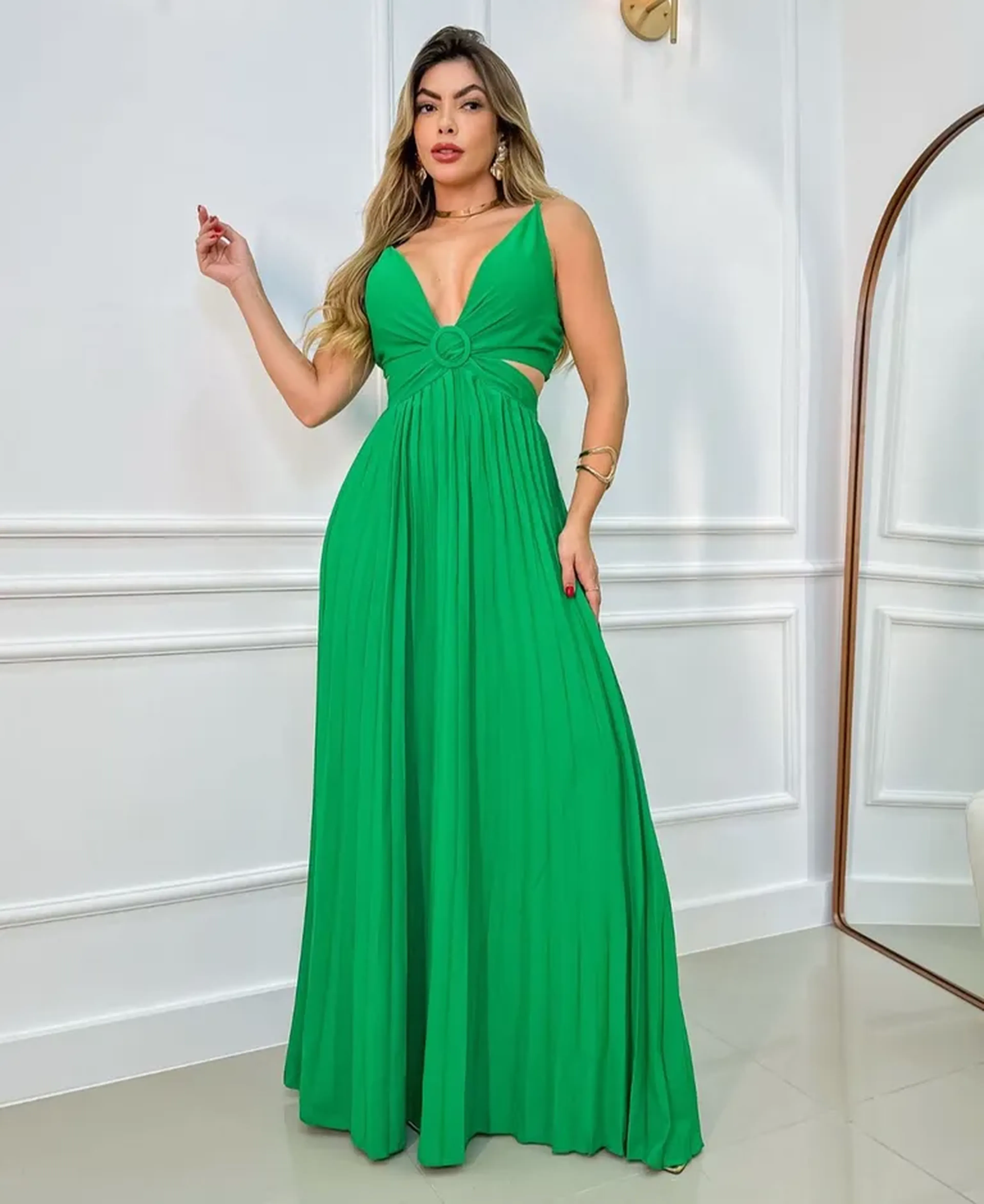 Vestido Longo Plissado Verde imagem