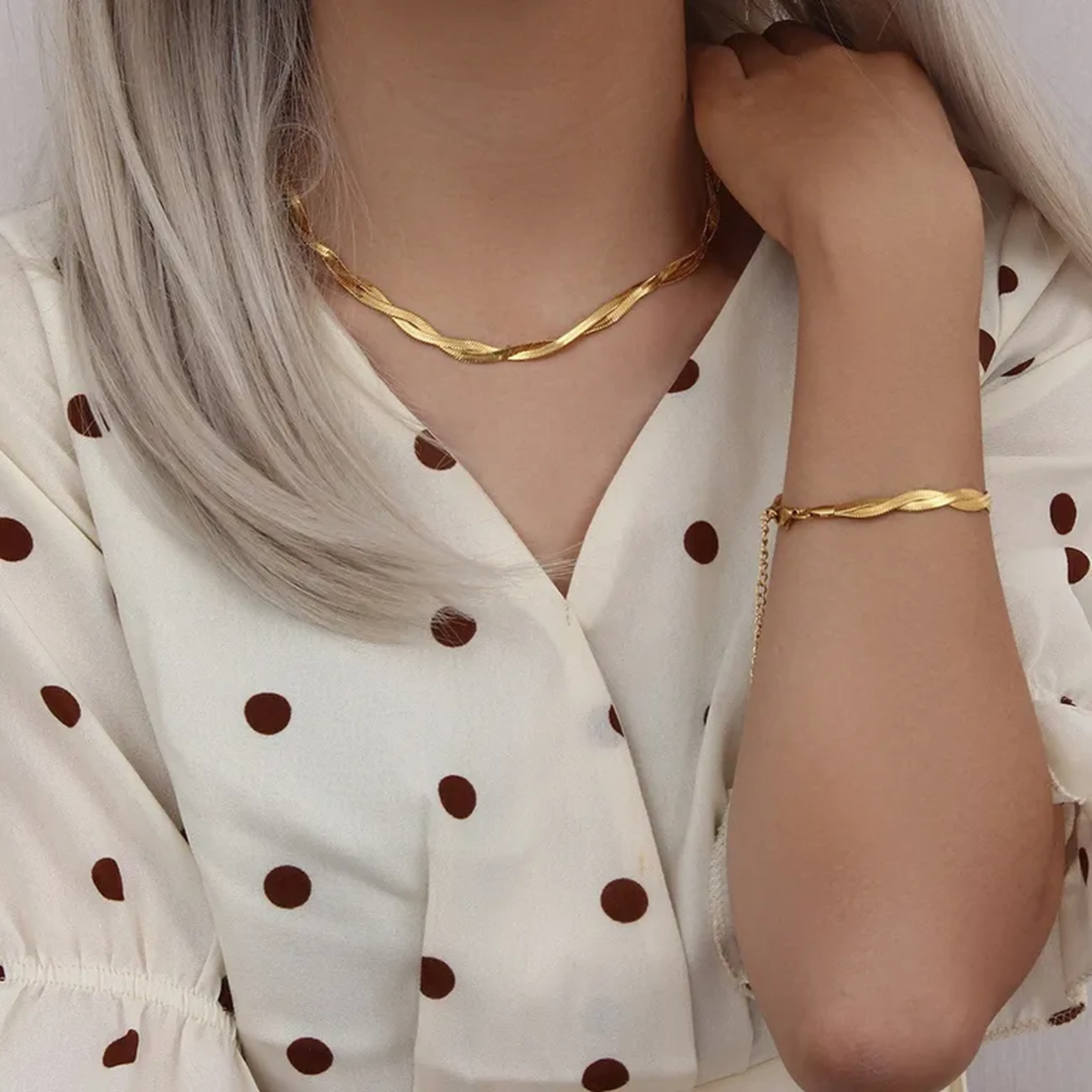 kit Jóia Trançada Feminina Corrente + Pulseira Luxo Ouro 18 imagem