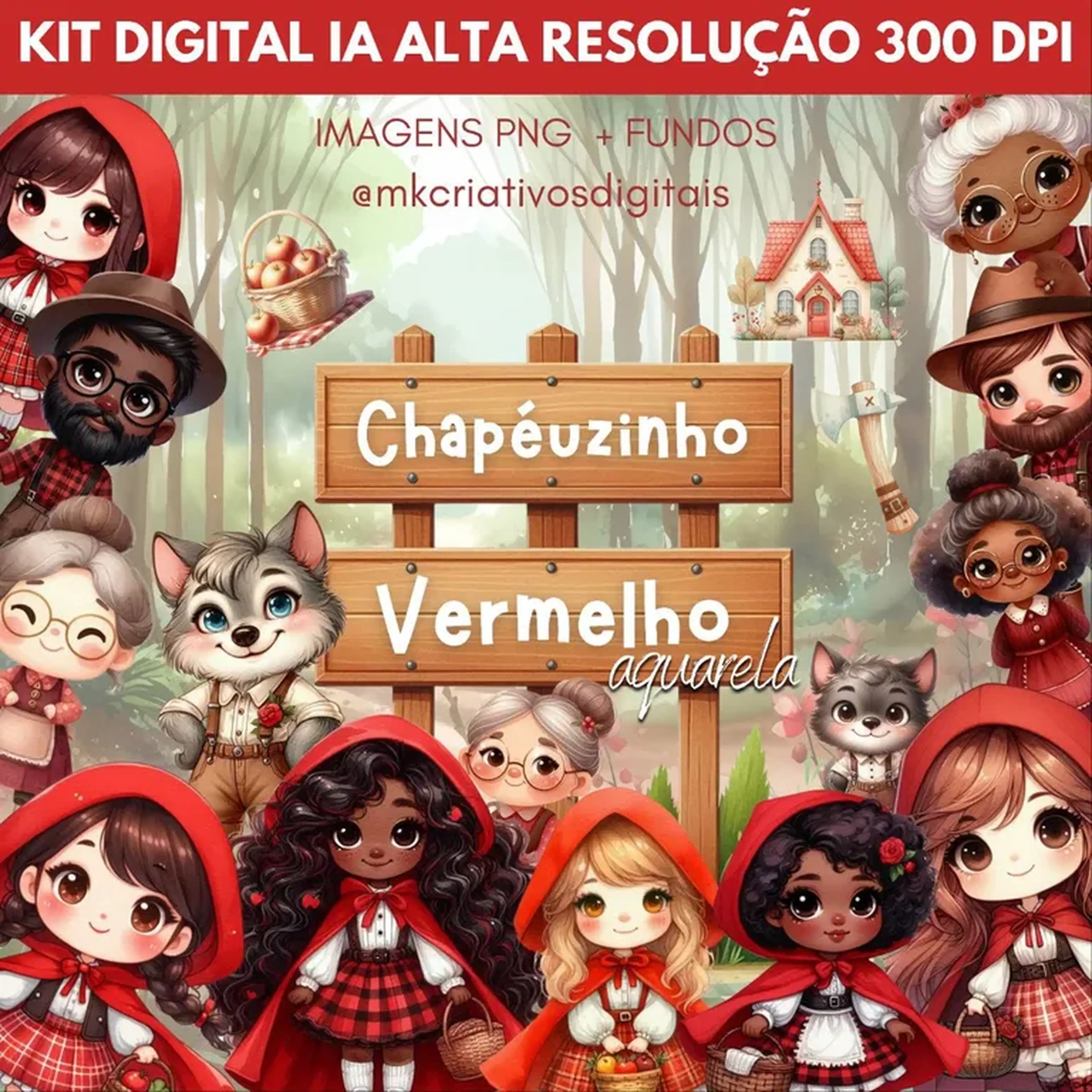 Kit Digital Chapéuzinho Aquarela - PNG IA imagem