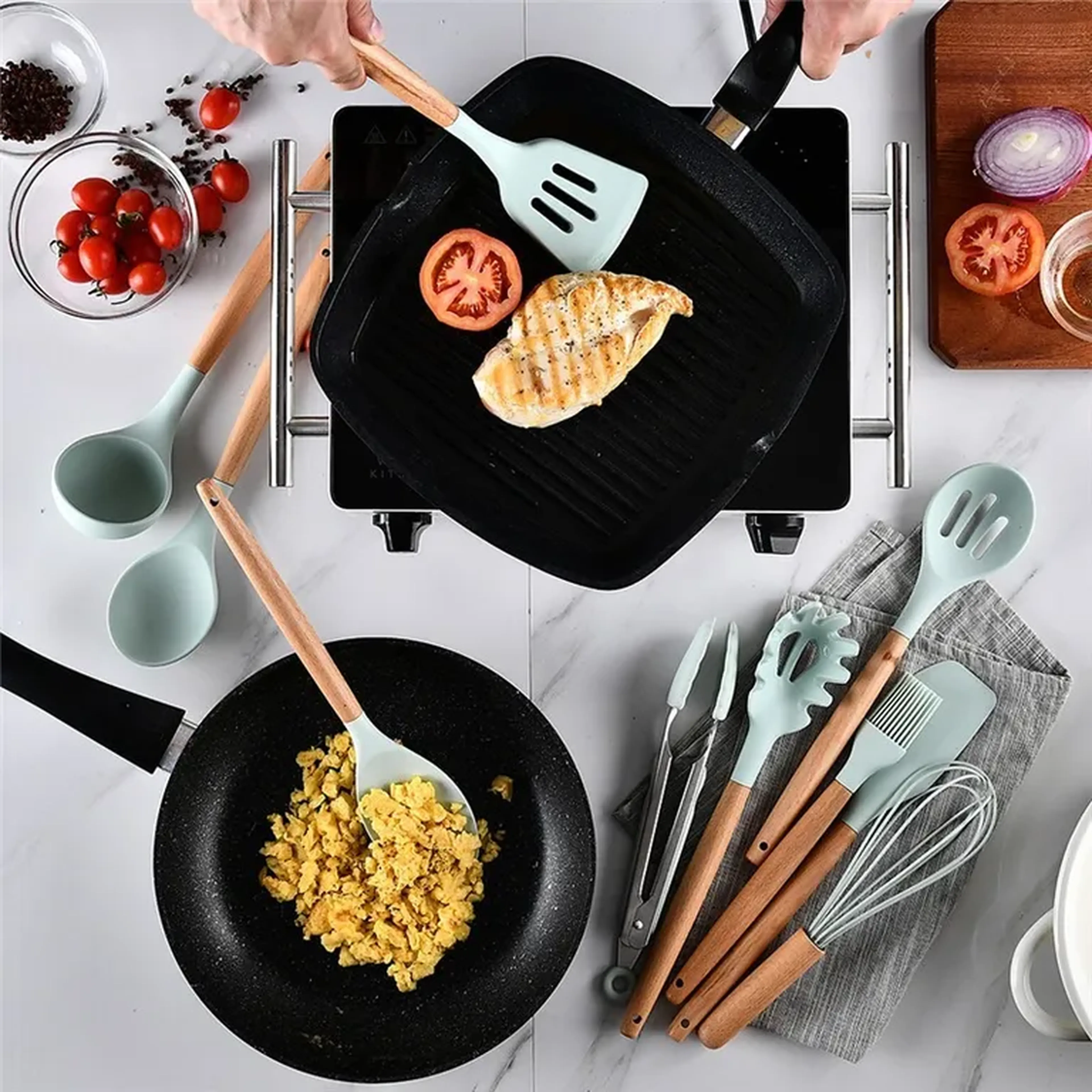 Kit Utensílios De Cozinha Silicone E Cabo Madeira imagem