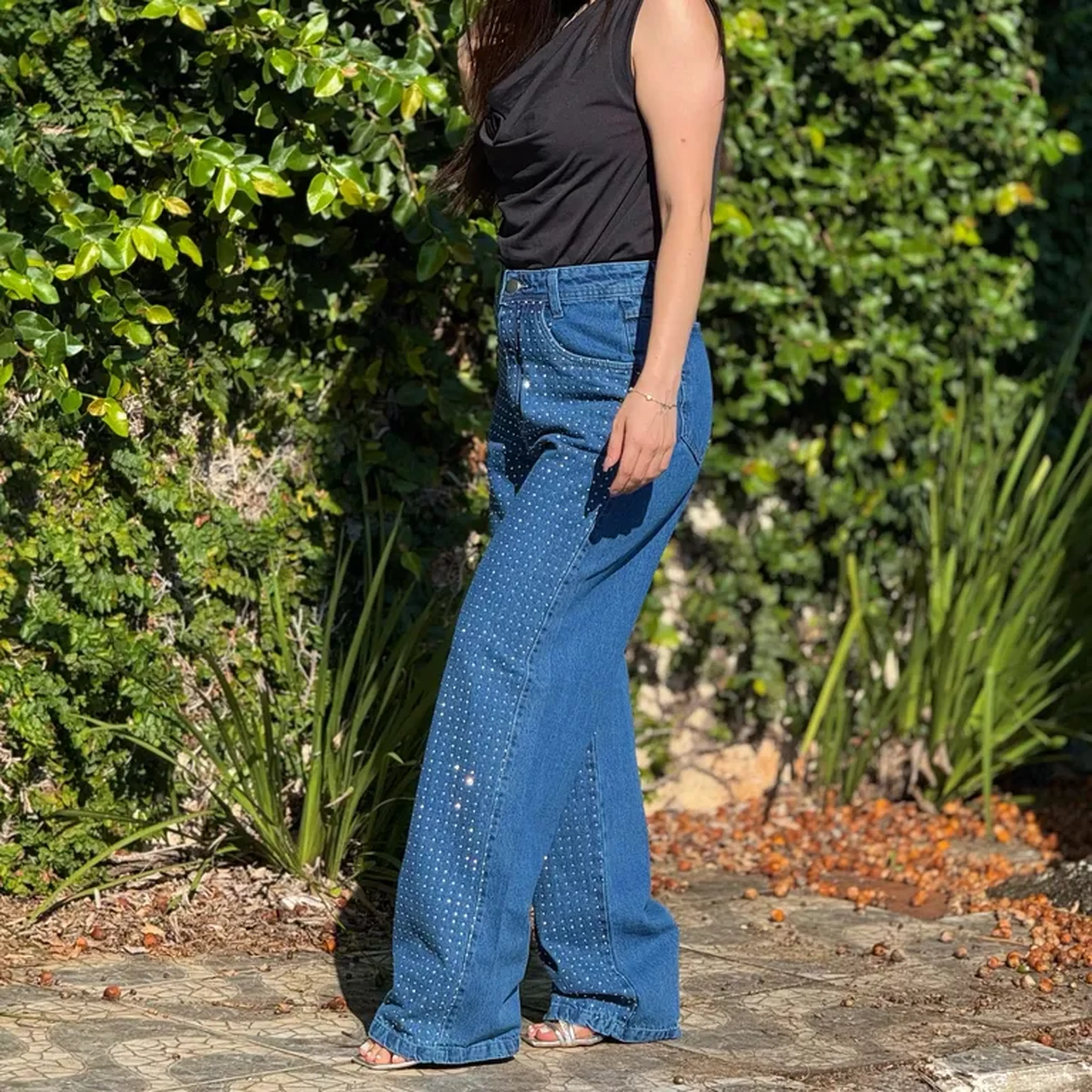 Calça Jeans Wide Leg Brilho imagem