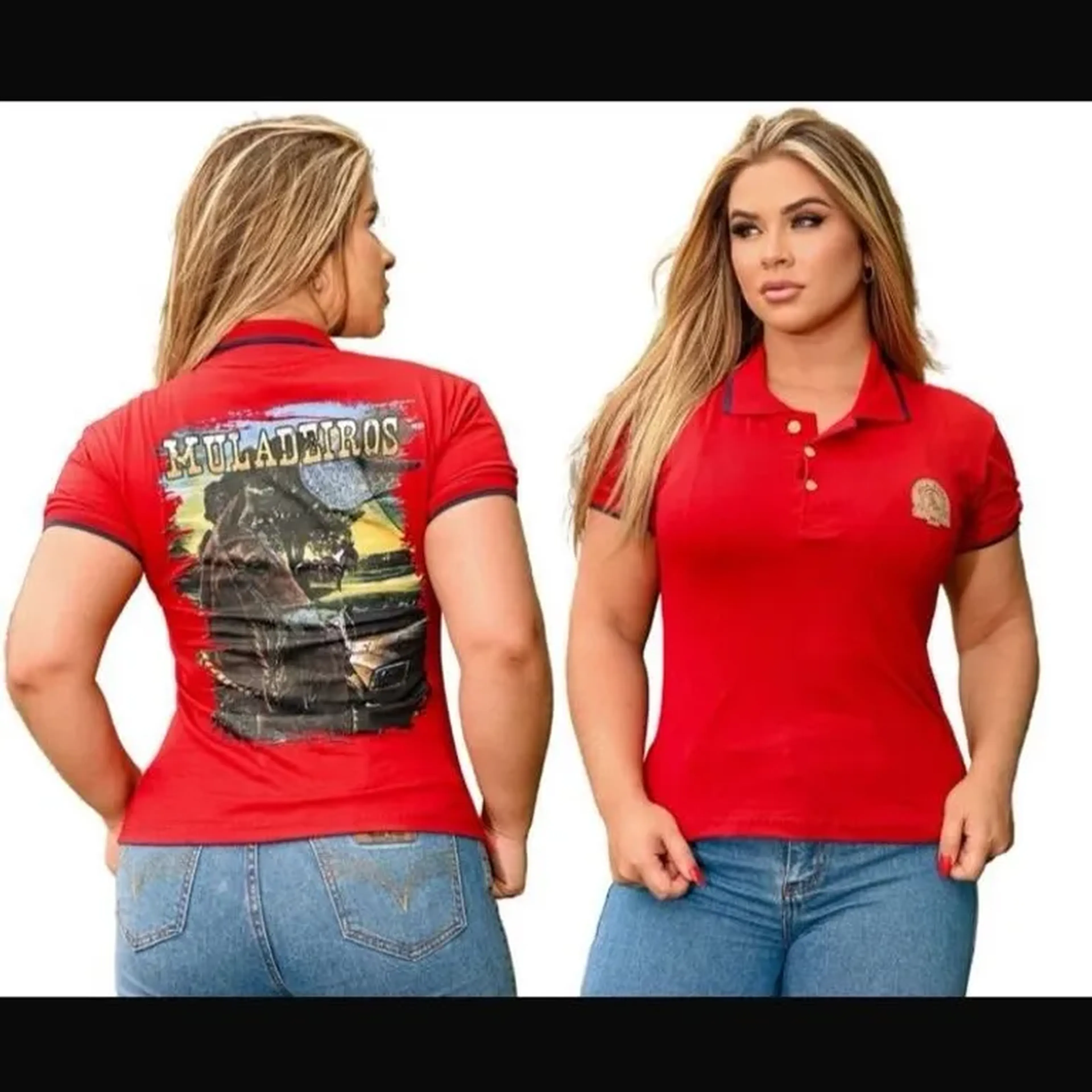 Camisa polo feminina mula rosa vermelha imagem